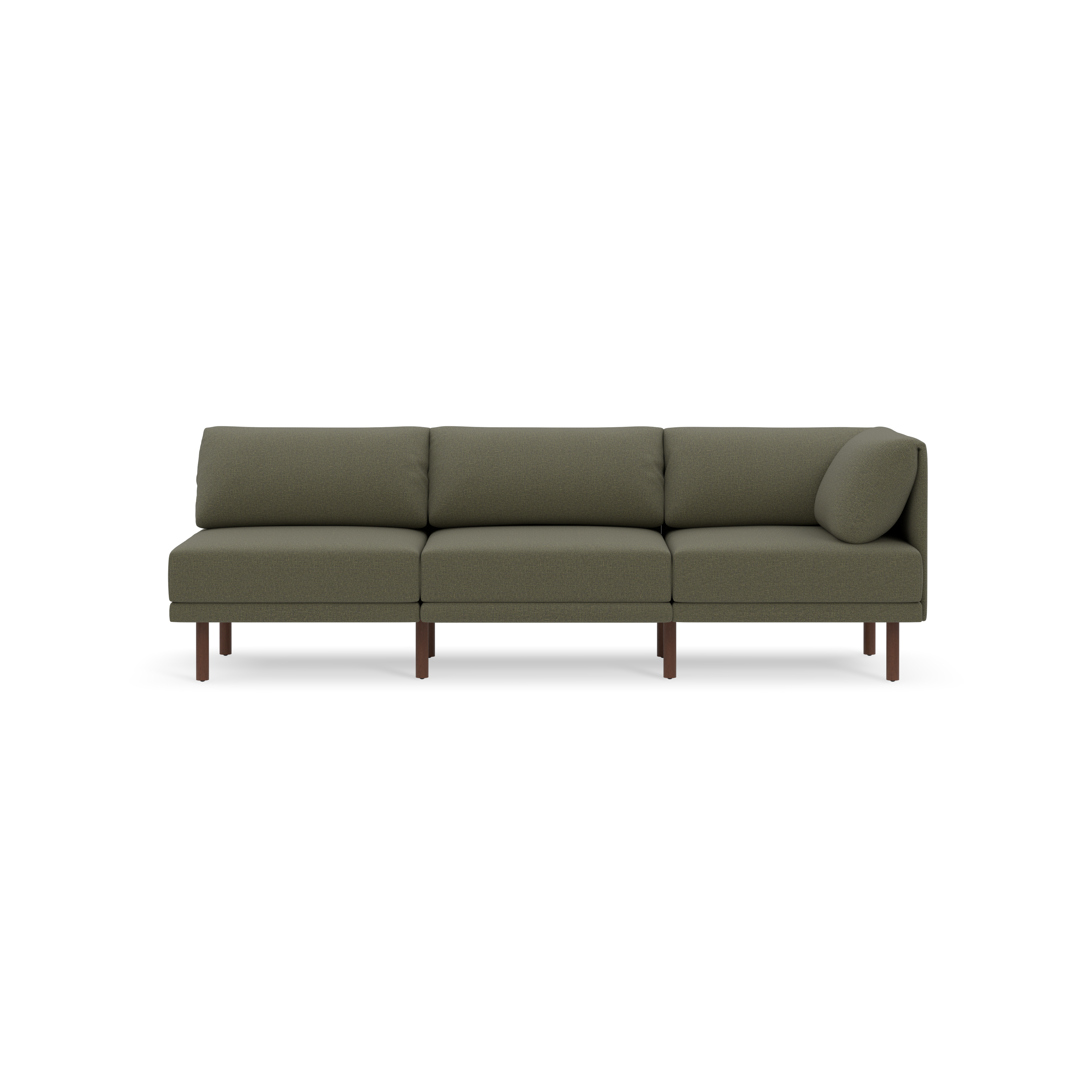 Modern Moss green three-seat sofa with wooden legs and a round bolster pillow on one end, set against a black background.