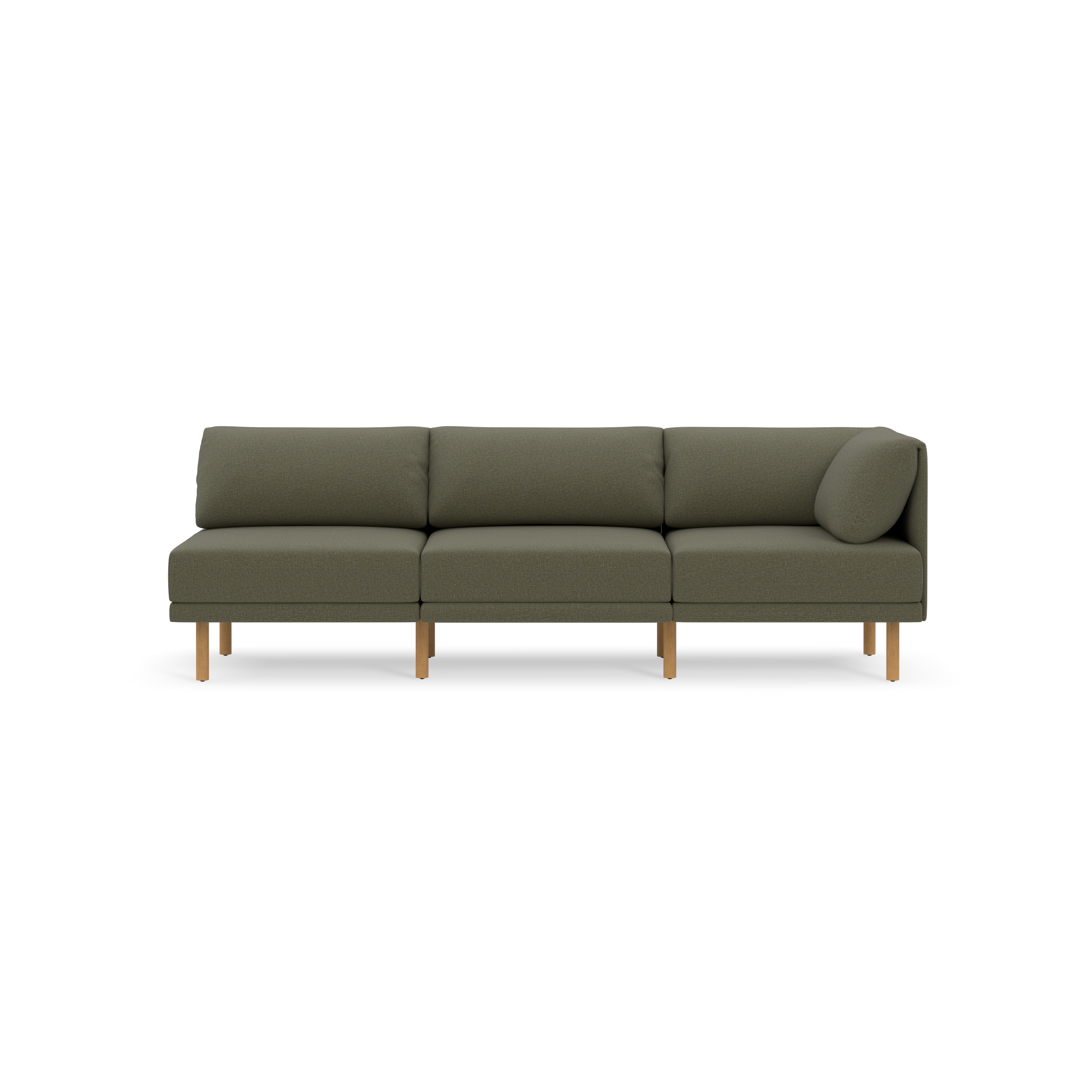 Modern Moss green three-seat sofa with wooden legs and cushion armrest on the right side, set against black background.