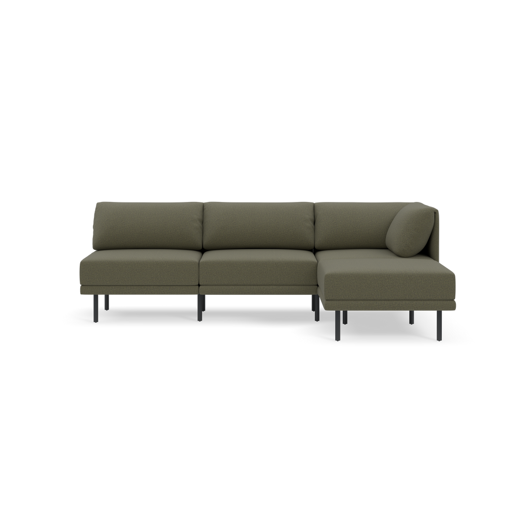 Modern Moss green sectional sofa with clean lines, three seat cushions, back cushions, and a right-side chaise on black legs.