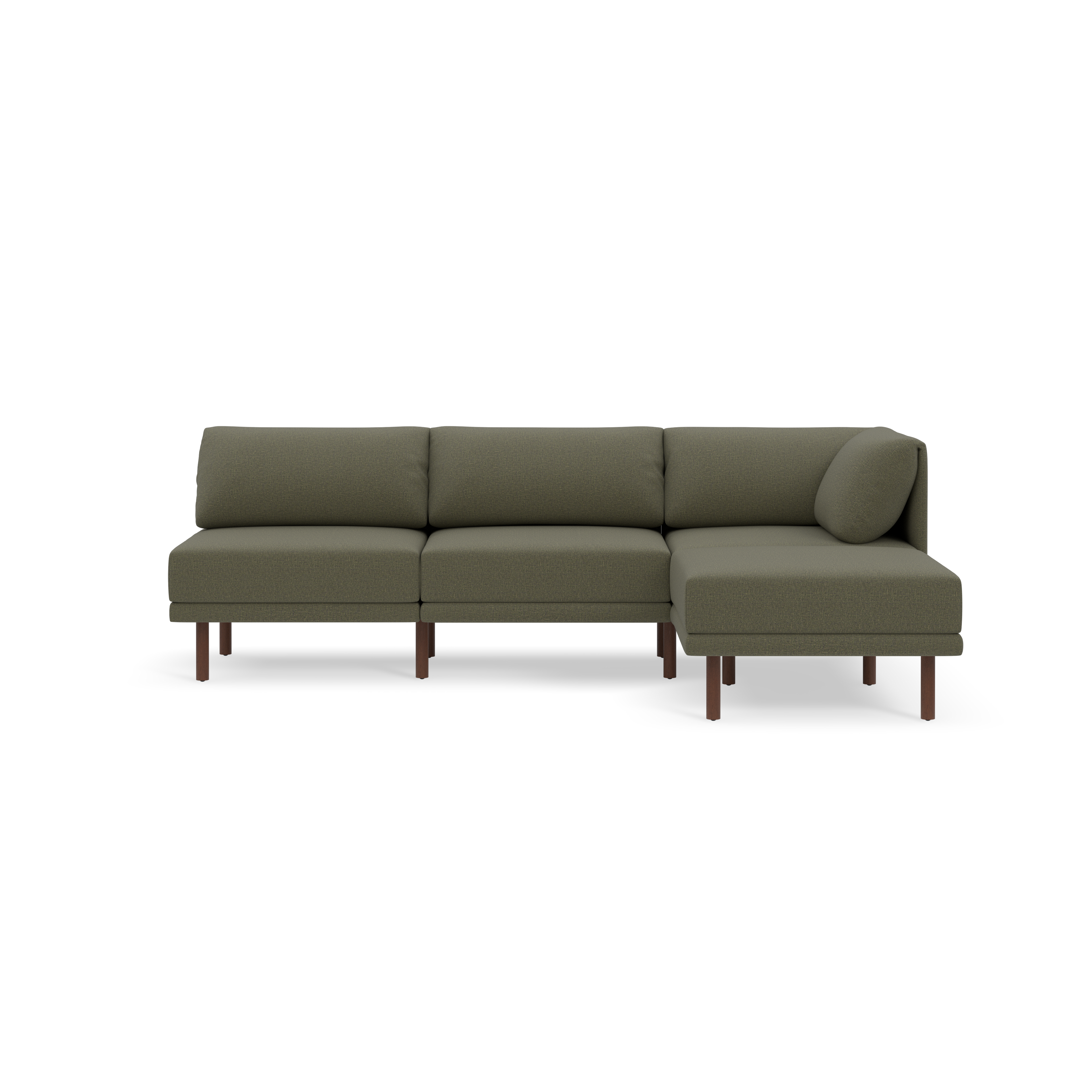 Modern L-shaped sectional sofa with Moss green fabric upholstery and slender wooden legs, featuring a round cylindrical pillow on one side.