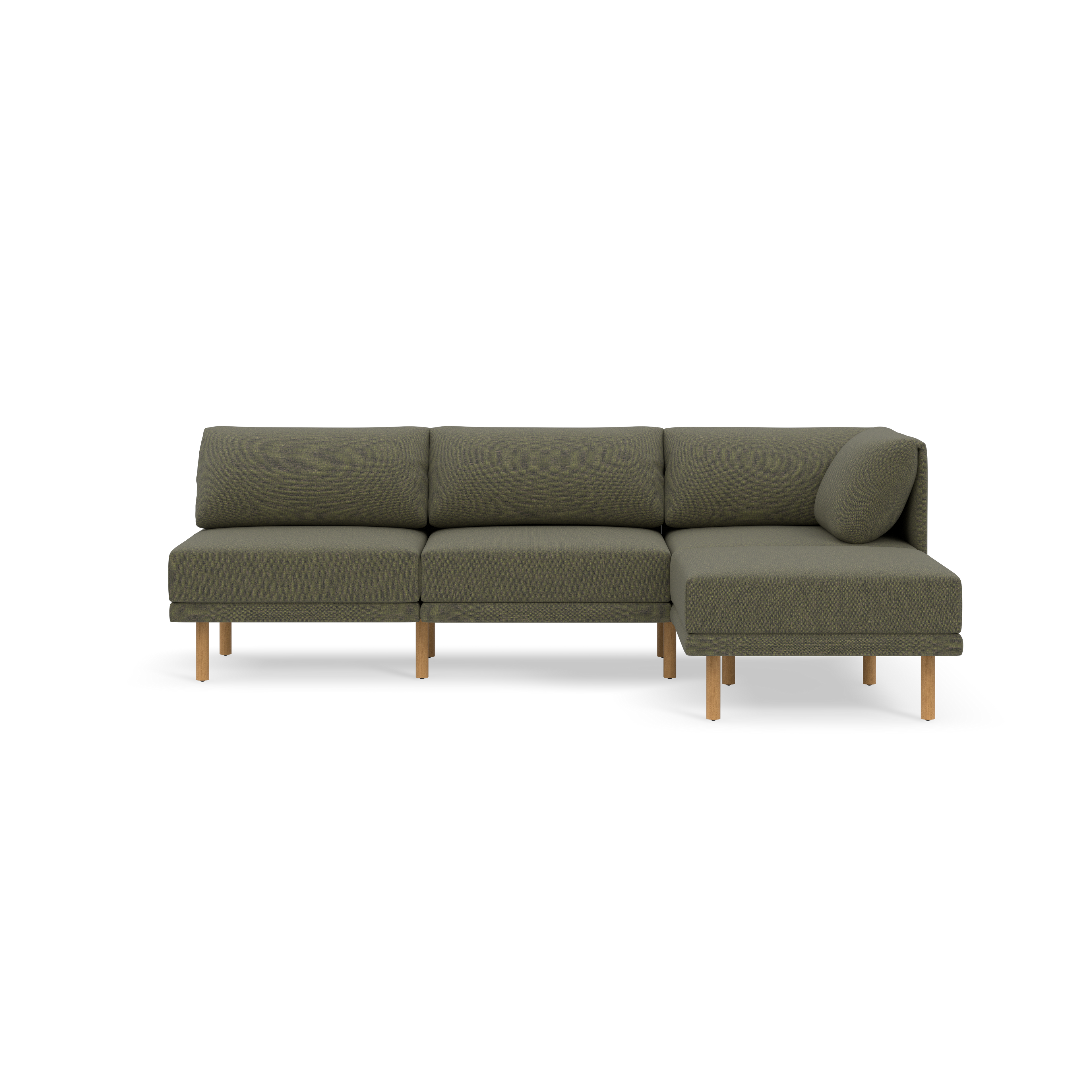 Modern L-shaped Moss green fabric sectional sofa with wooden legs and three back cushions against black background.