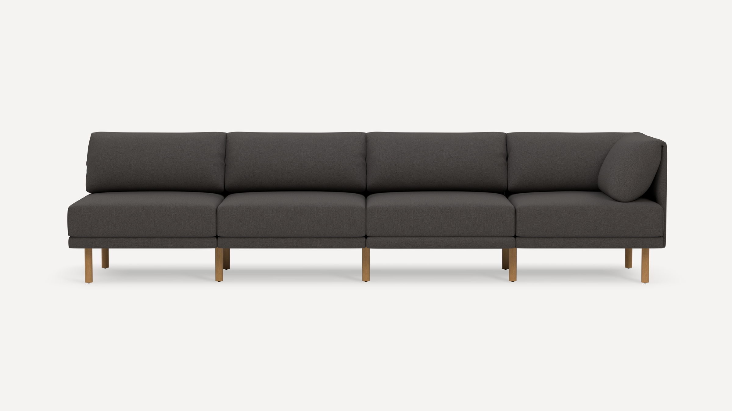Modern dark gray fabric sectional sofa with wooden legs, featuring clean lines and a minimalist design against a plain white background.