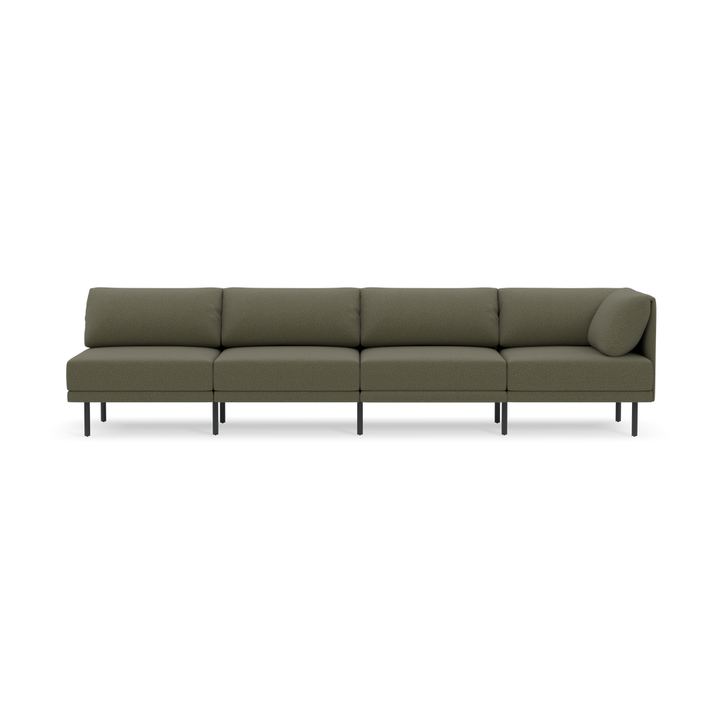 Long modern Moss green sectional sofa with five seat cushions, five back cushions, and black metal legs on a black background.