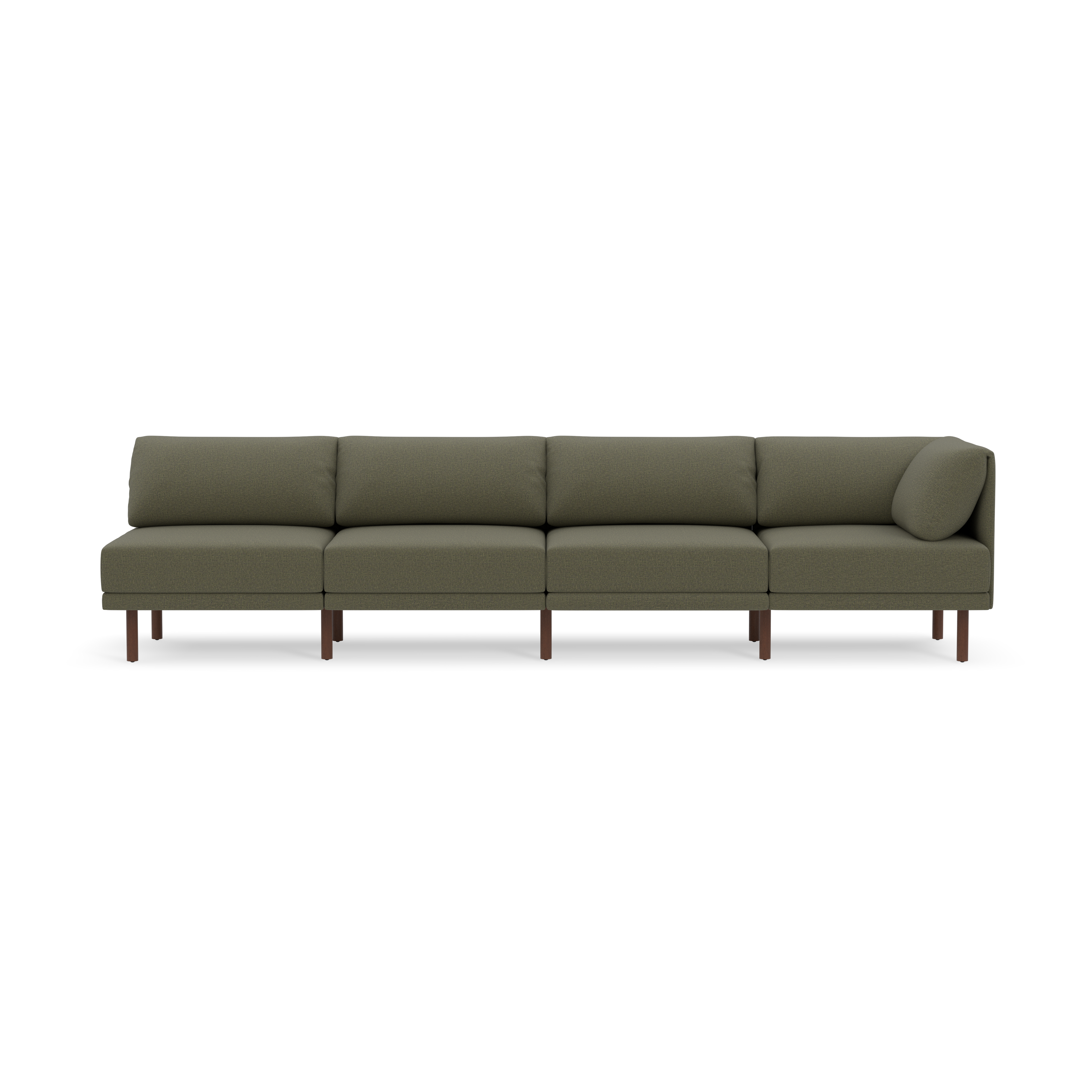 Long modern olive-green sectional sofa with wooden legs and low back cushions, minimalistic design.