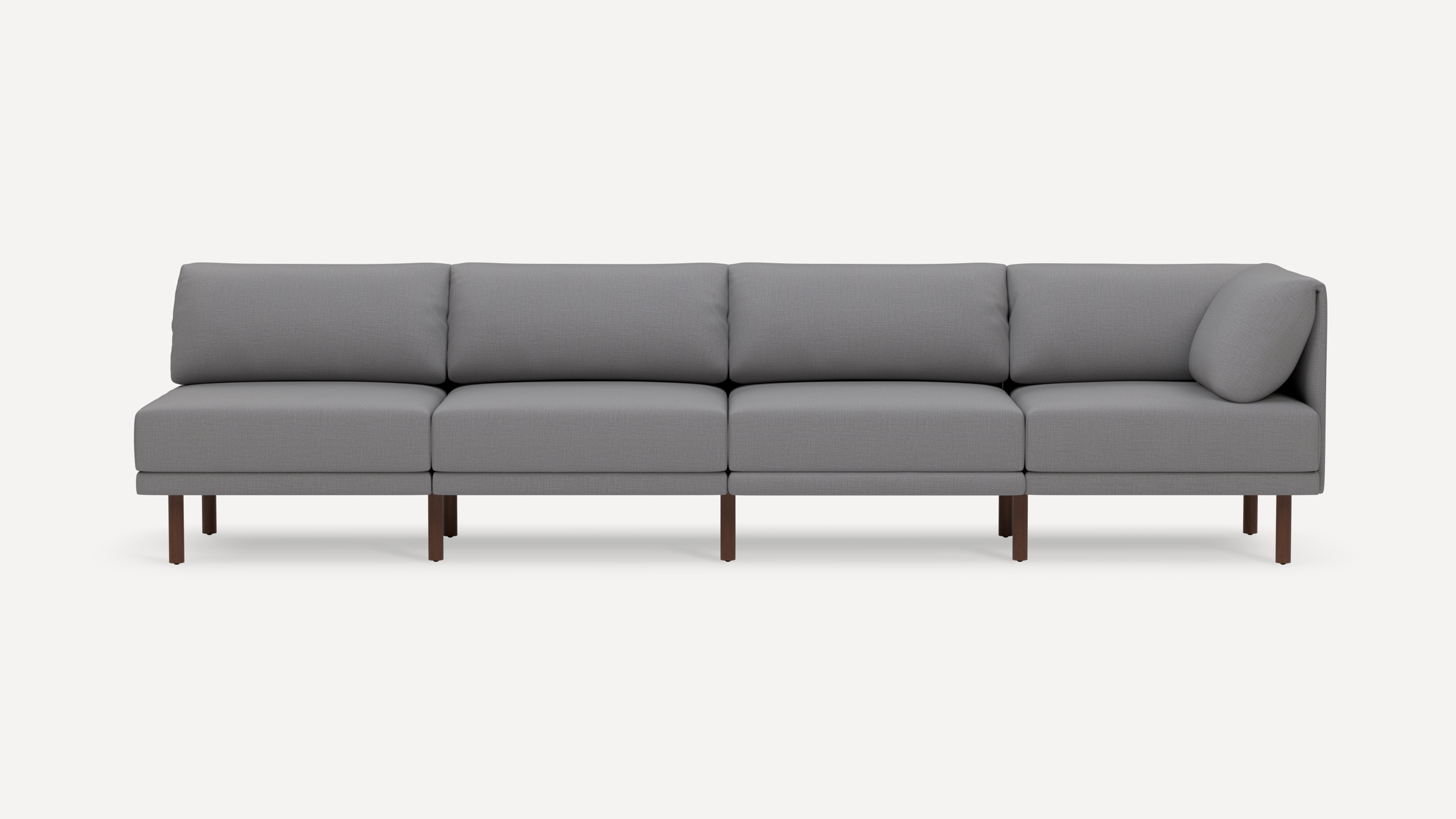 Modern gray four-seat sectional sofa with clean lines and wooden legs on a white background.