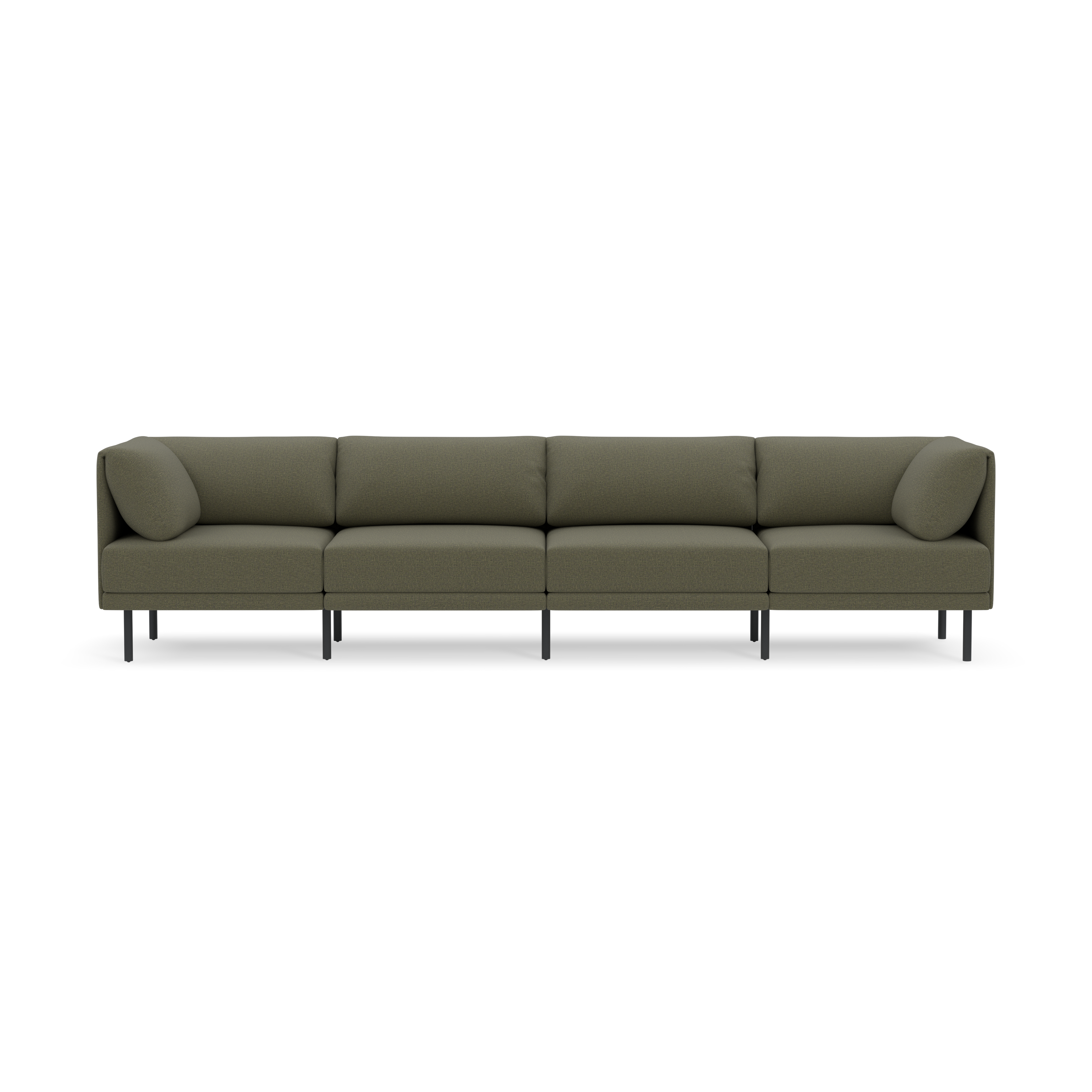 Modern Moss green sectional sofa with four seat cushions, two angled back pillows, and black metal legs on black background.