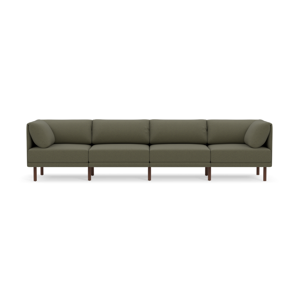 Modern sectional sofa with Moss green fabric upholstery, rectangular cushions, and wooden legs against black background.