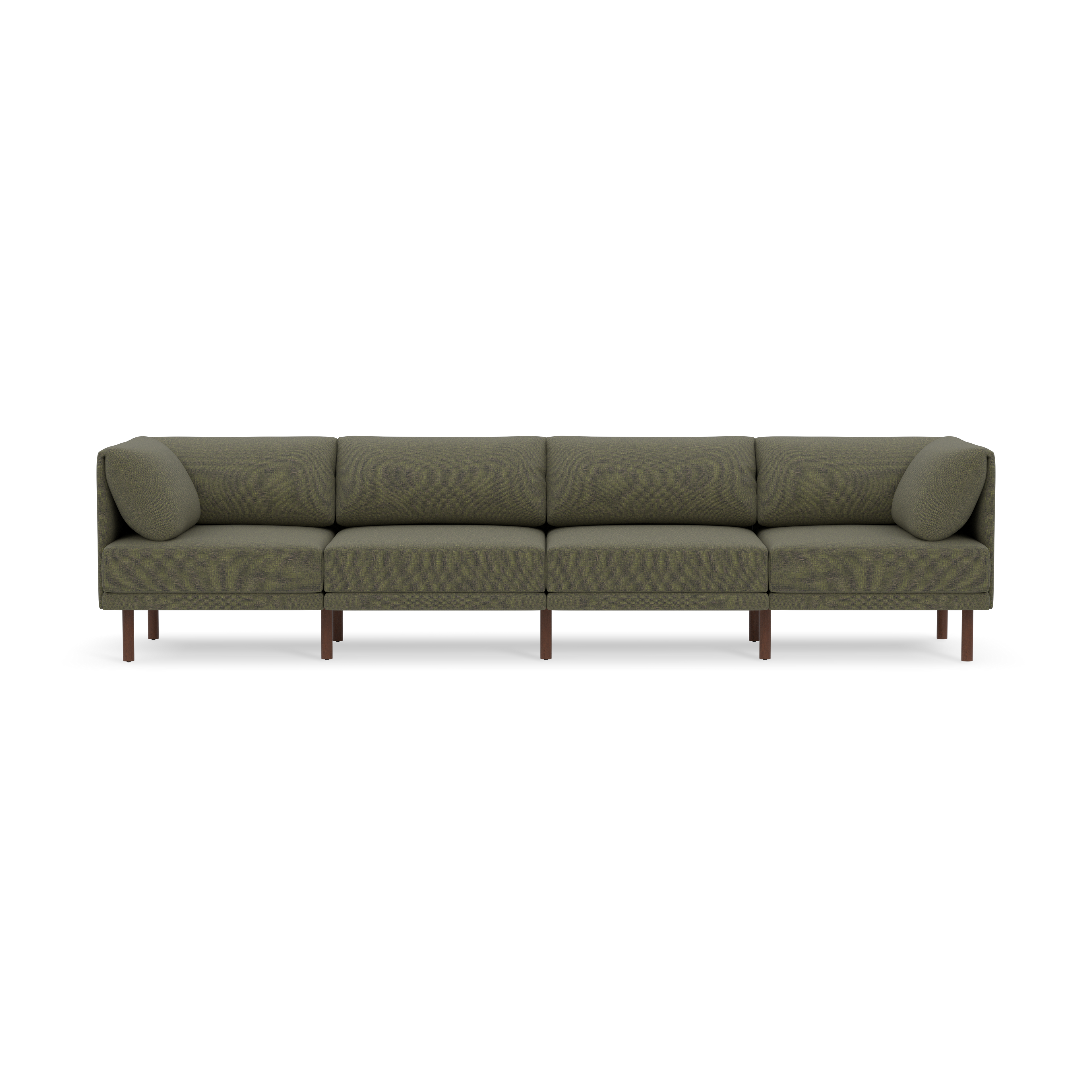 Modern sectional sofa with Moss green fabric upholstery, rectangular cushions, and wooden legs against black background.