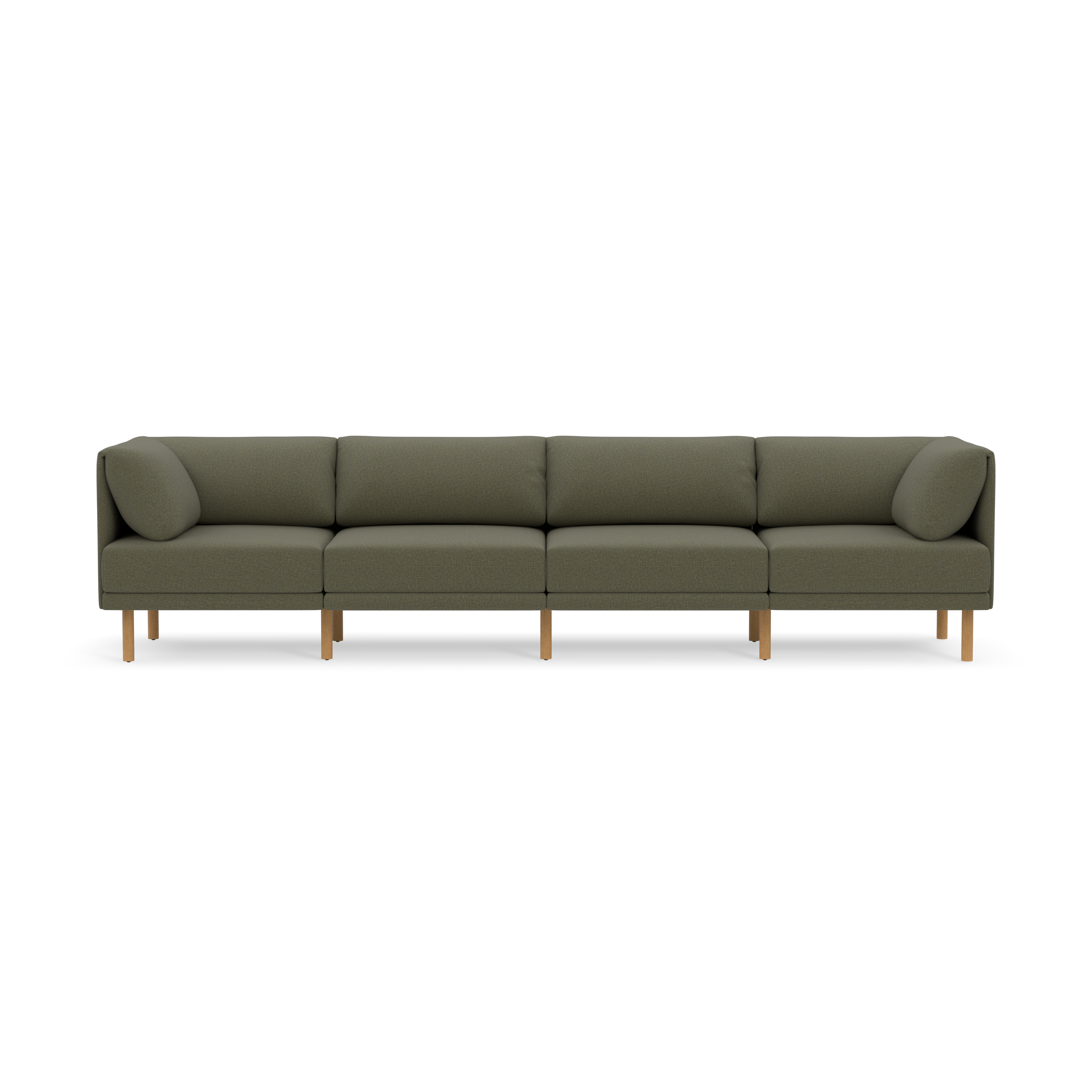 Large modern Moss green fabric sectional sofa with wooden legs and clean, straight lines, set against a black background.