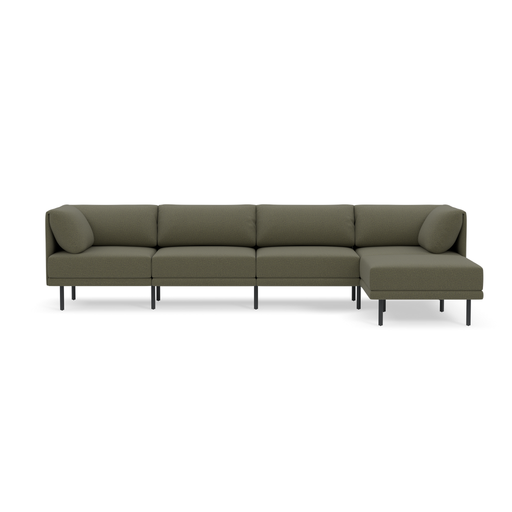 Modern Moss green sectional sofa with clean lines, slim black legs, and cozy cushions, featuring a chaise lounge on the right side.