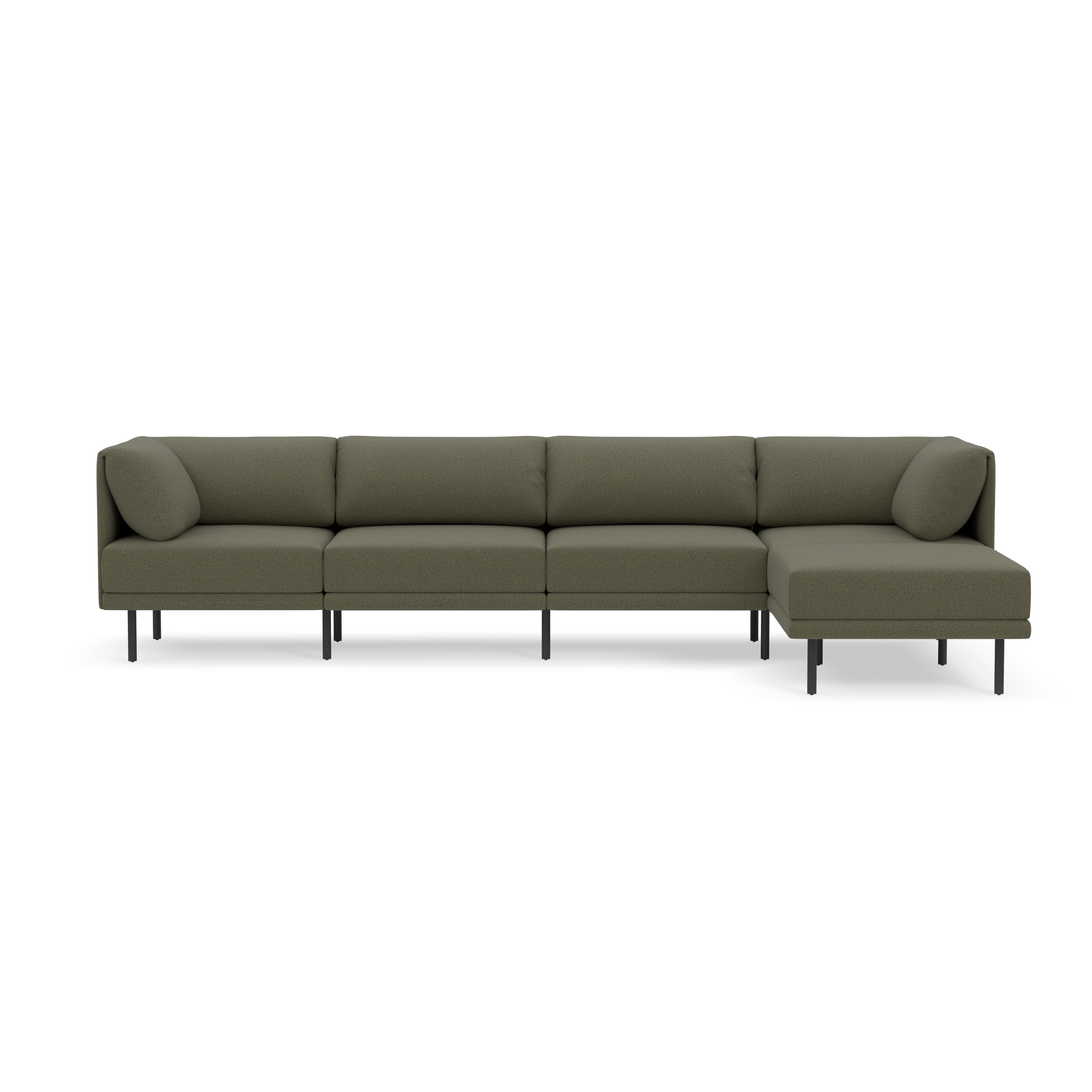 Modern Moss green sectional sofa with clean lines, slim black legs, and cozy cushions, featuring a chaise lounge on the right side.