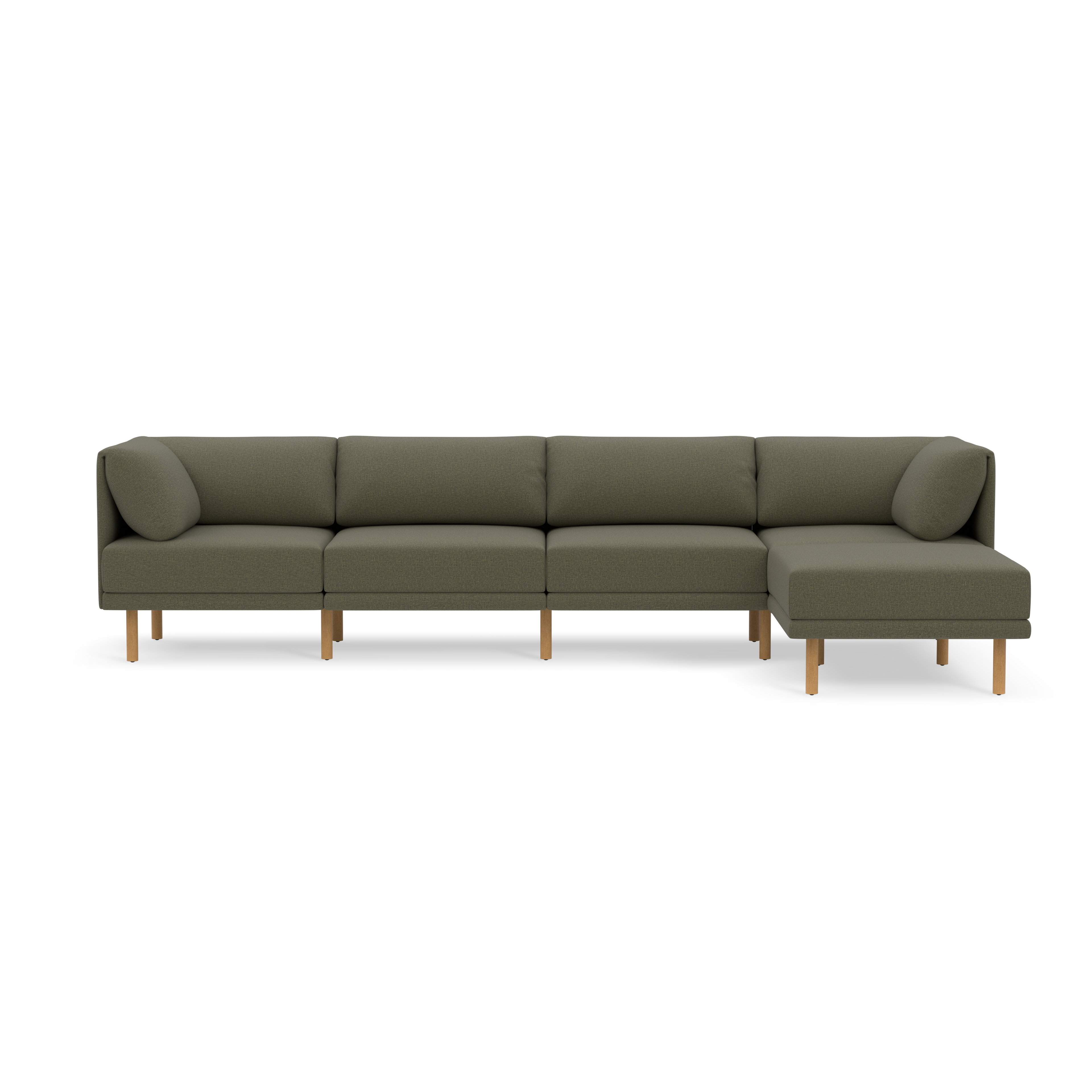 Modern Moss green sectional sofa with wooden legs, featuring three cushions and an extended chaise on the right side.