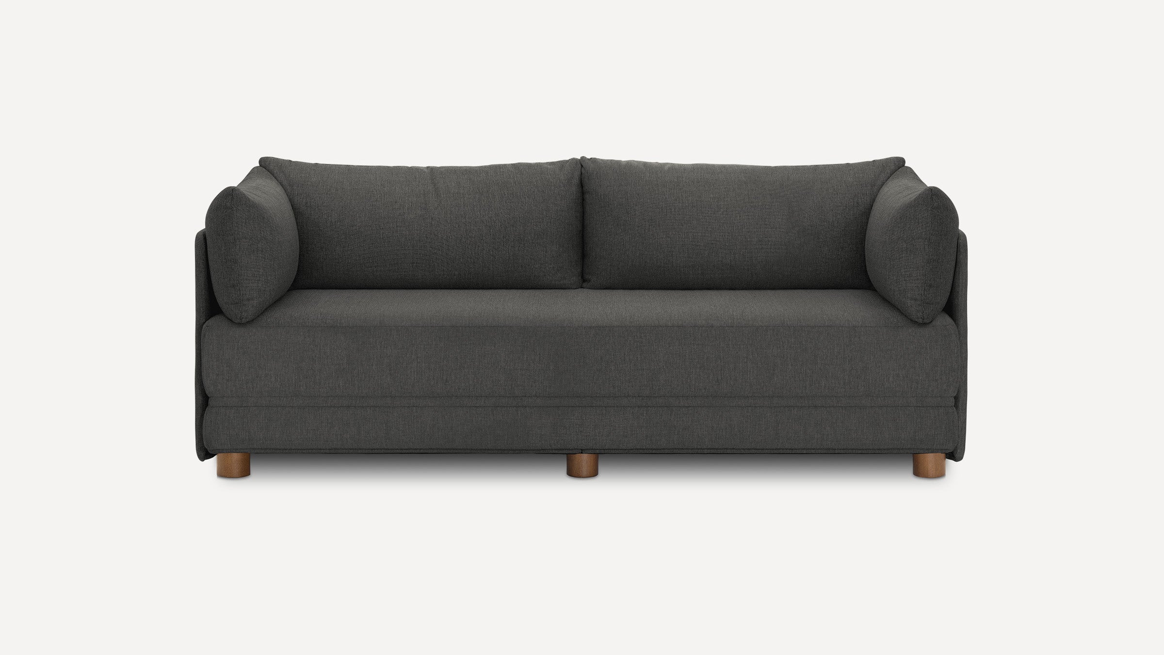 Modern dark gray fabric sofa with clean lines, three wooden legs, and plush cushions on a white background.