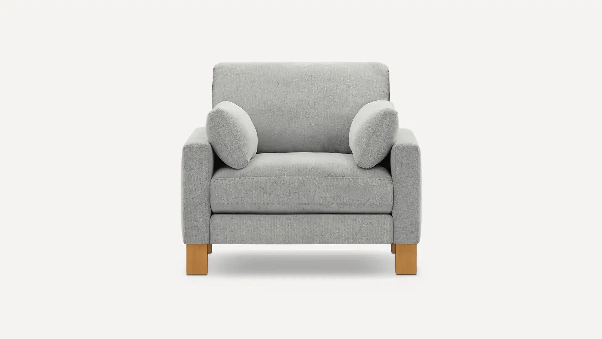 modern light gray upholstered armchair with wooden legs and a soft cushioned seat, featuring a soft cushion and a wooden tapered backrest