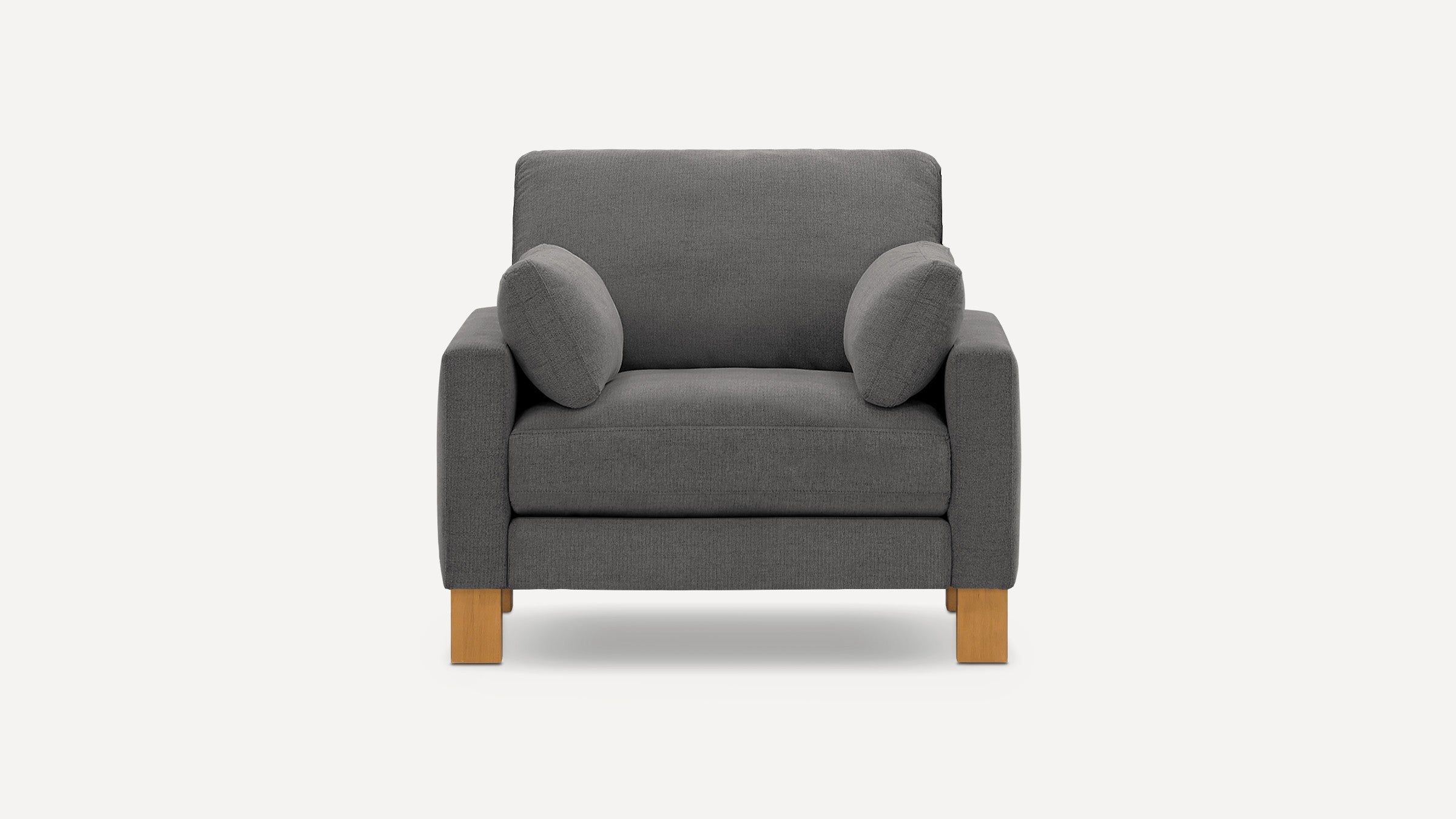 Front view of a modern dark gray upholstered armchair with two matching side cushions and wooden legs.