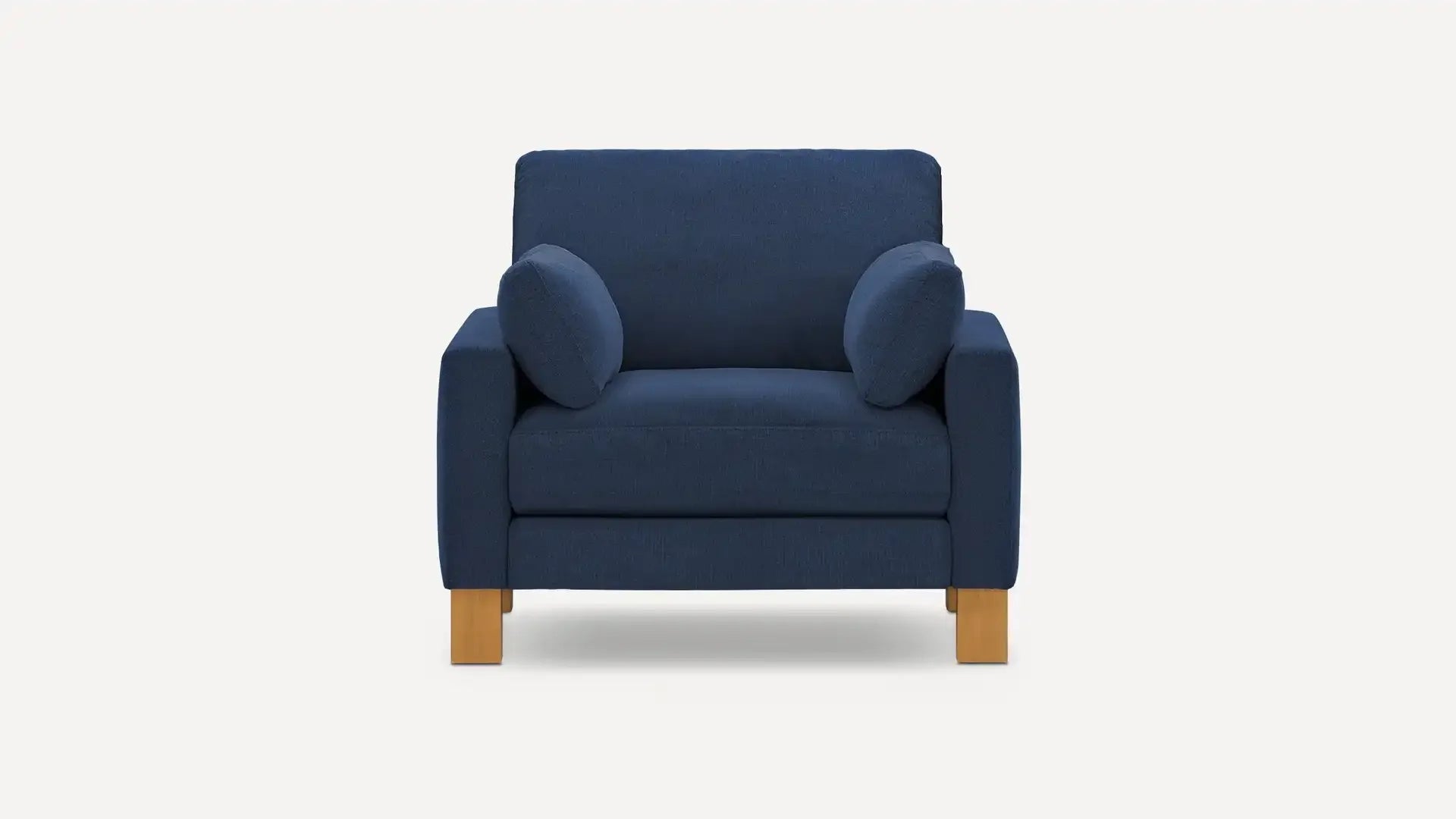 modern navy blue armchair with wooden legs and a cushioned backrest