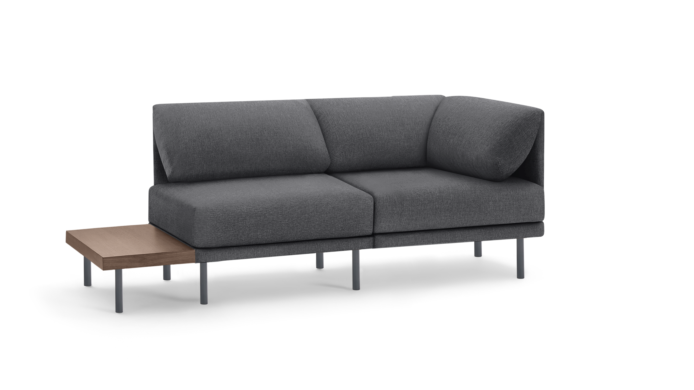 modern gray fabric sectional sofa with black metal legs and matching ottoman on black background