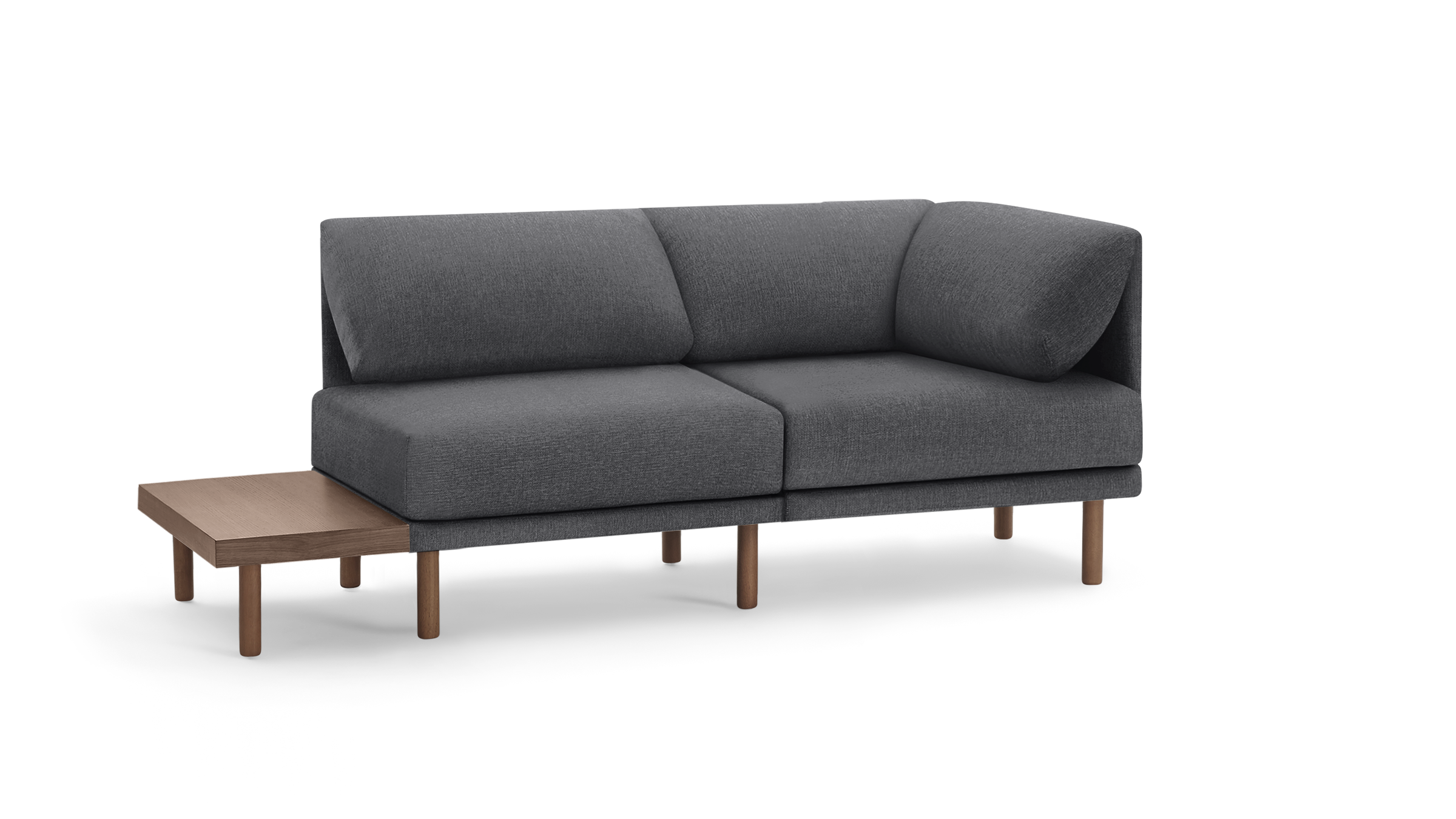 modern gray fabric sectional sofa with wooden legs and matching ottoman, featuring a sleek design and clean lines