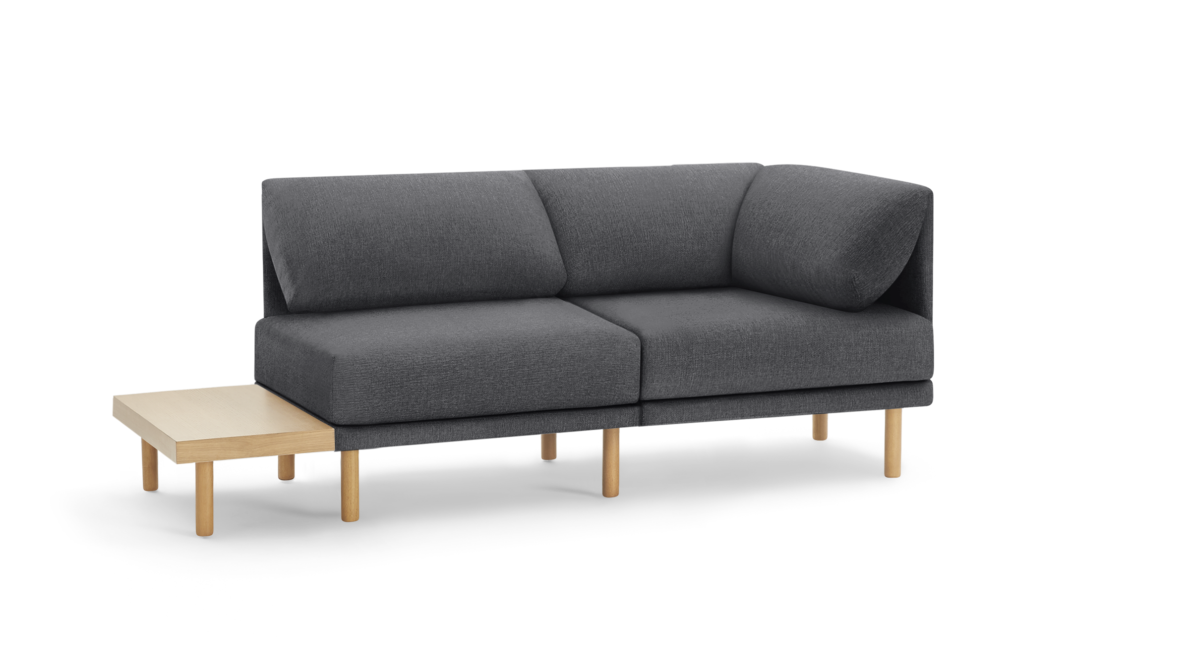 modern gray fabric sectional sofa with wooden legs and matching ottoman, featuring a clean, minimal design
