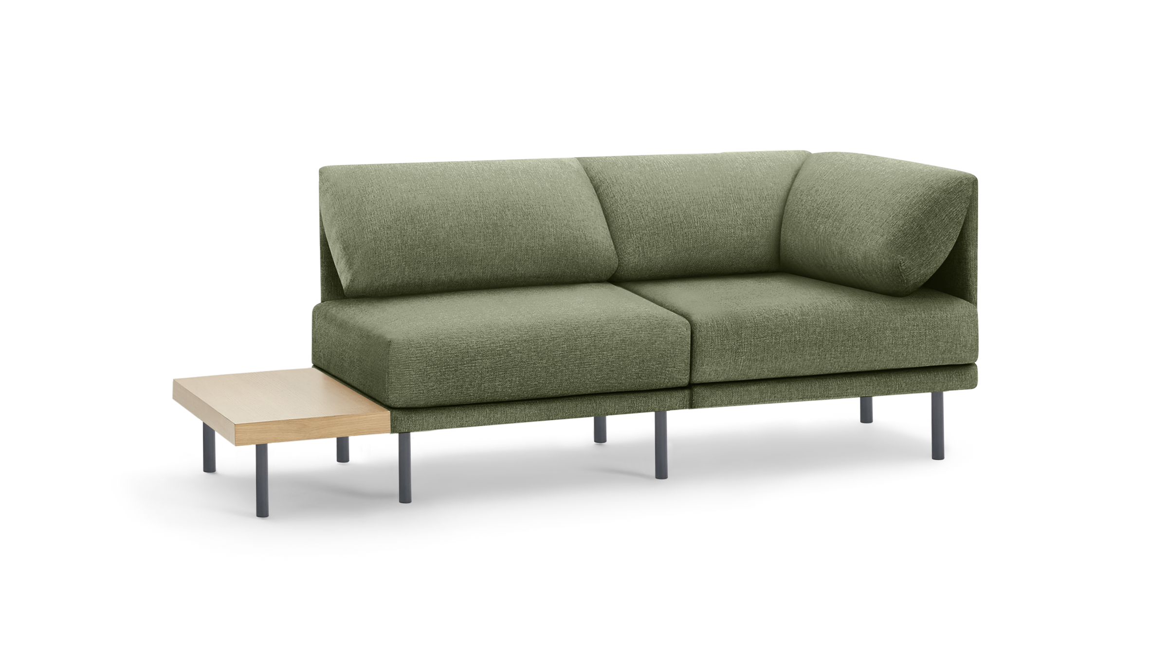 modern green fabric sectional sofa with black metal legs and matching ottoman on black background