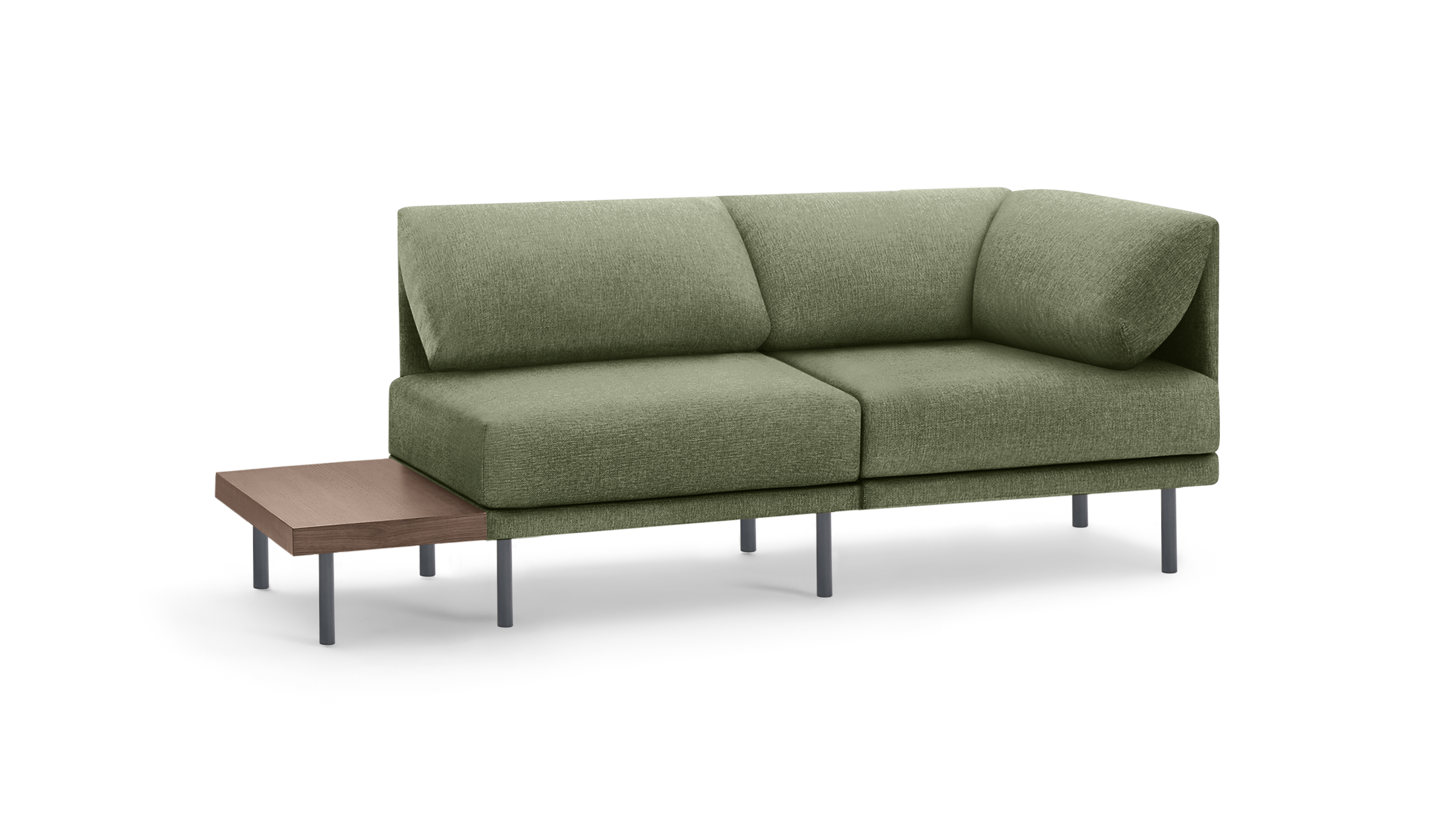 modern green fabric sectional sofa with black metal legs and matching ottoman on black background