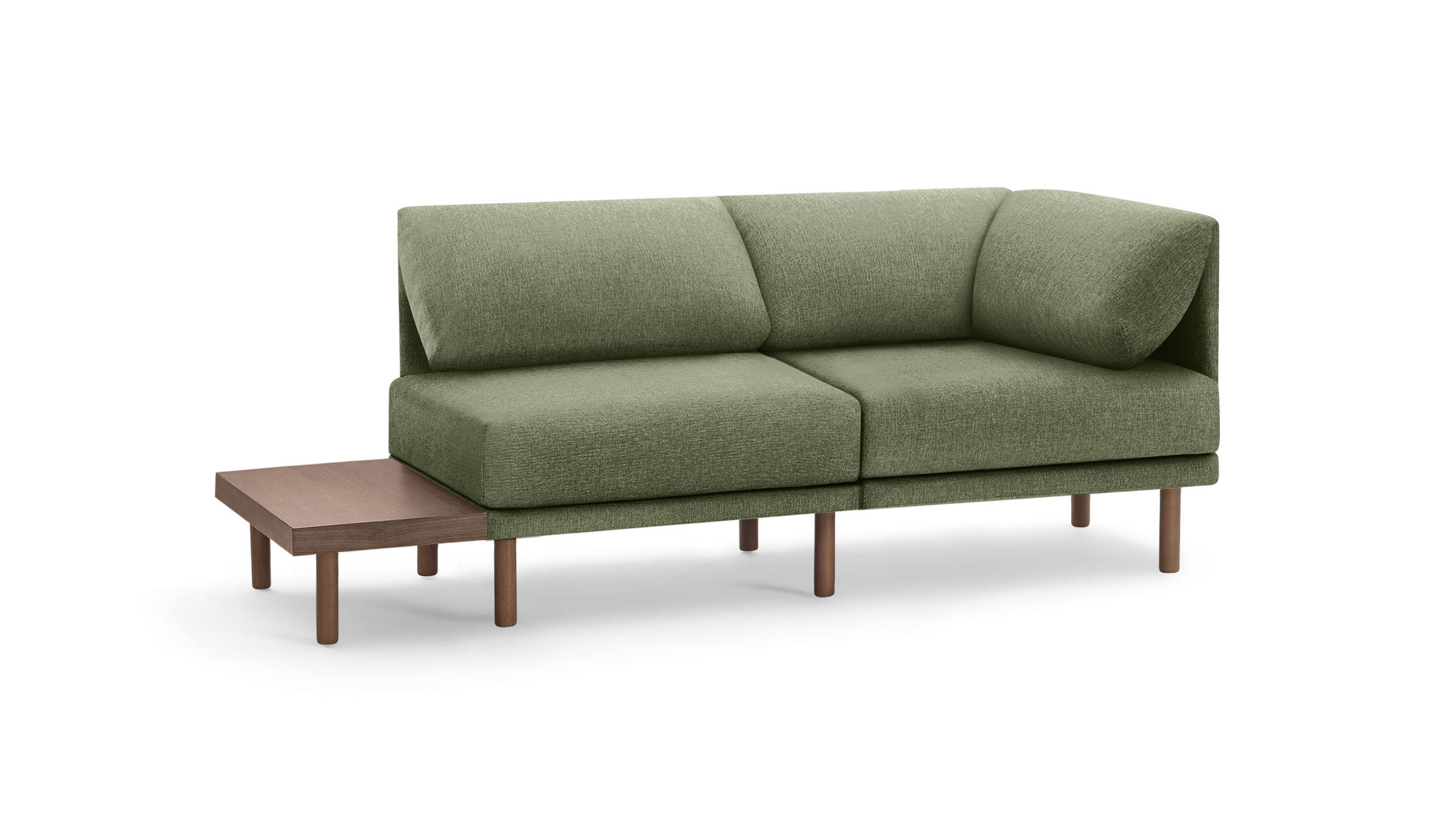 modern green fabric sectional sofa with wooden legs and matching ottoman on black background