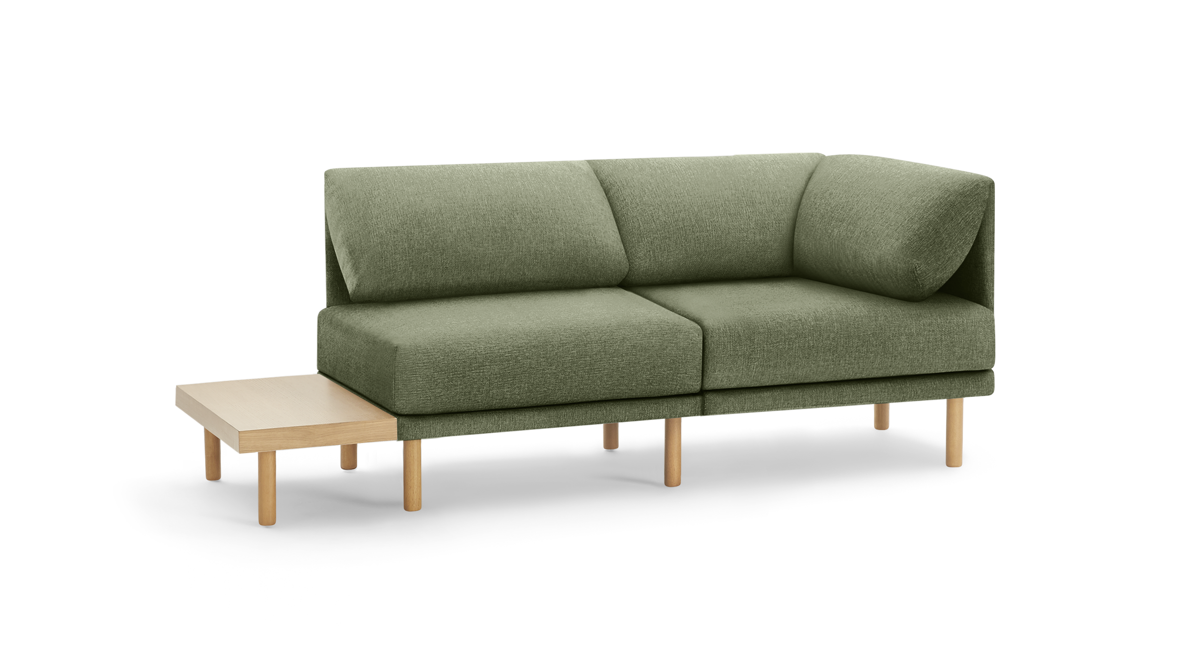 modern green fabric sofa with wooden legs and matching ottoman, featuring a clean, minimal design