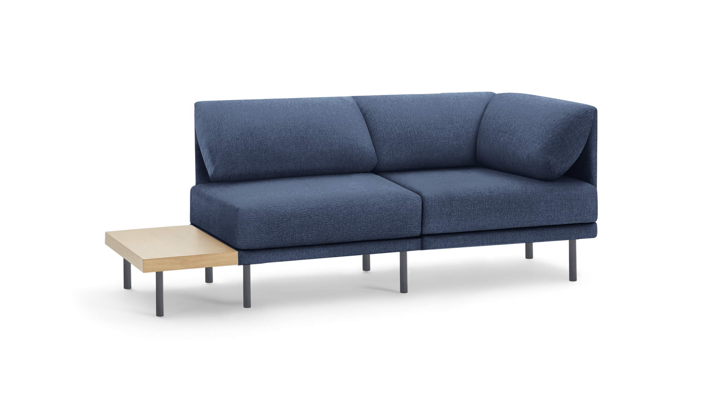 modern blue fabric sectional sofa with wooden legs and matching backrests, featuring a clean, minimalist design