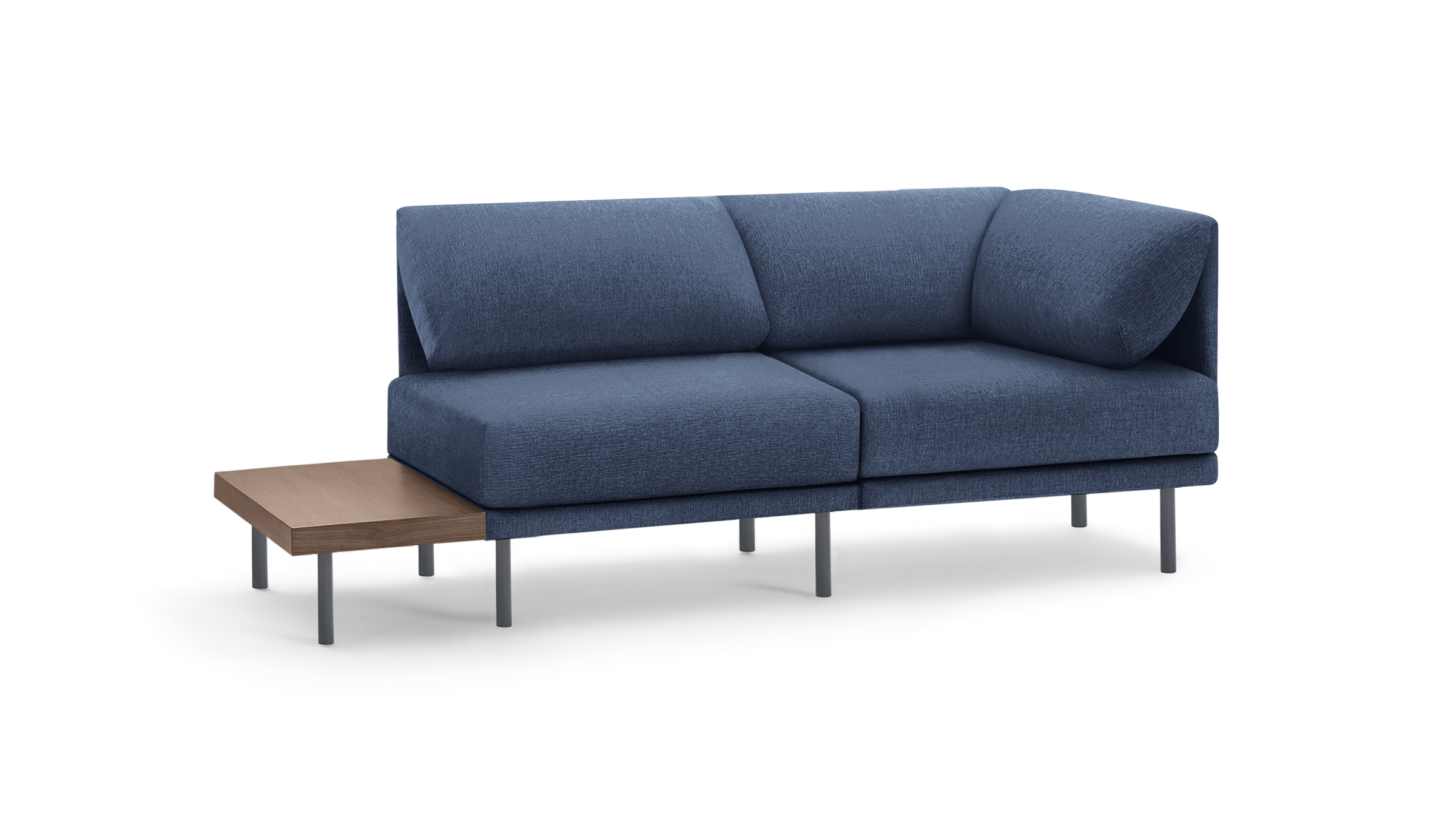 modern blue fabric sectional sofa with wooden legs and clean lines on the back, featuring a clean, minimalist design