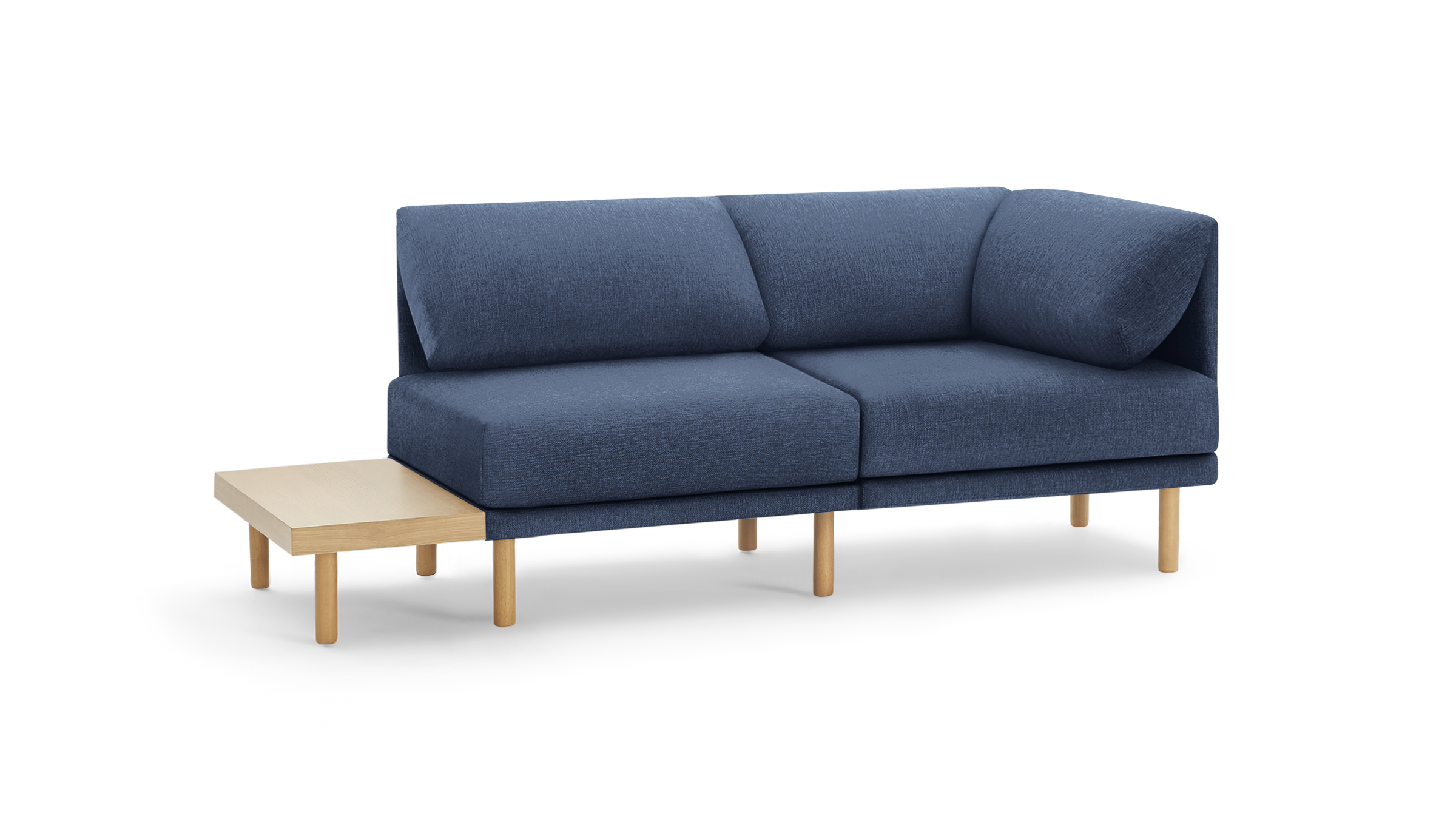 modern blue fabric sectional sofa with wooden legs and matching cushions, featuring a clean, minimal design