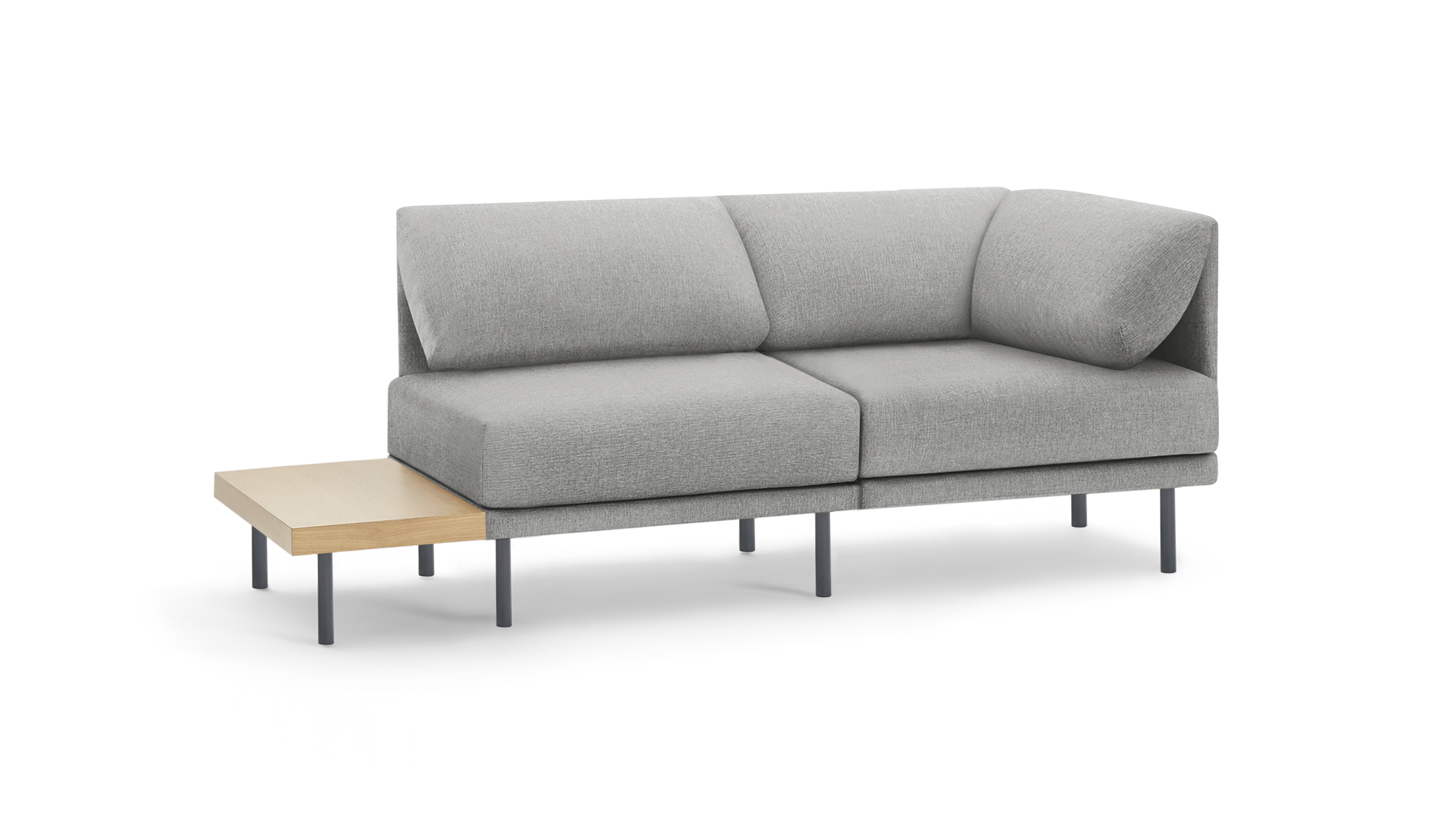 light gray modern sectional sofa with two cushions and wooden coffee table on black legs