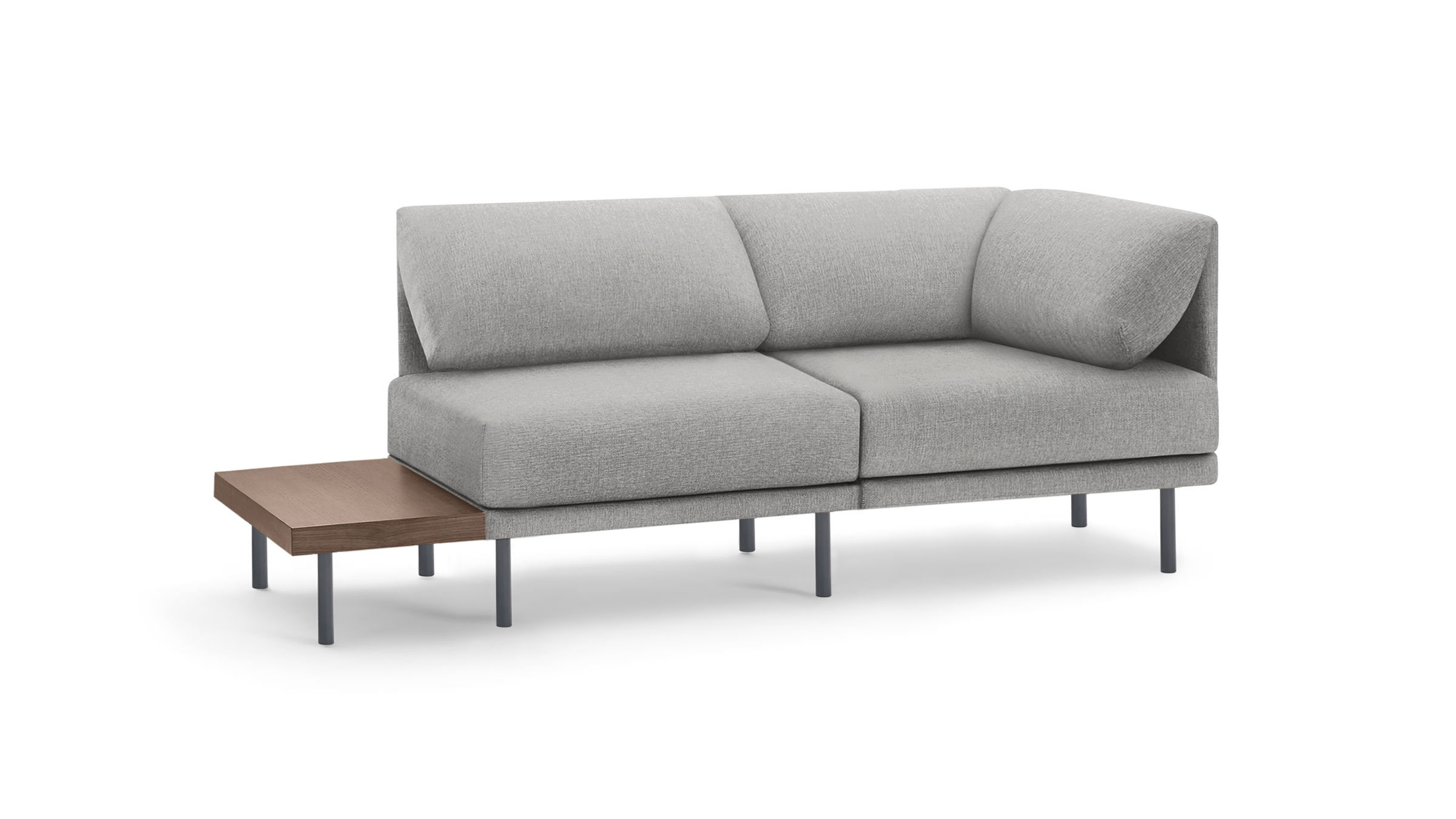 modern light gray fabric sectional sofa with wooden legs and clean lines on the back, featuring a clean, minimalist design