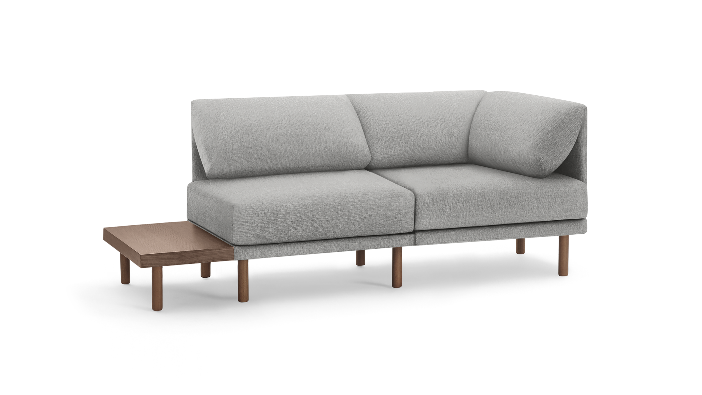 light gray modern sectional sofa with wooden legs and clean lines on the back, featuring a clean, minimalist design