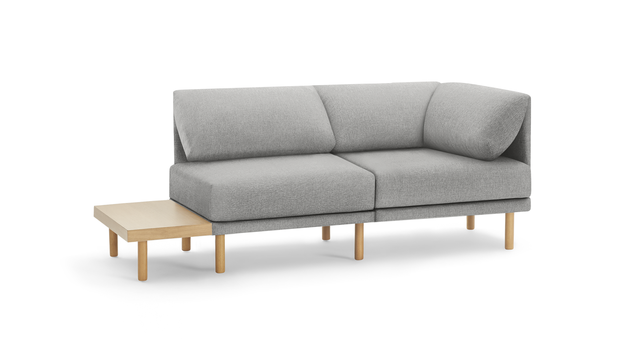light gray modern sectional sofa with wooden legs and clean lines on the back, featuring a soft cushion and clean lines on the arms