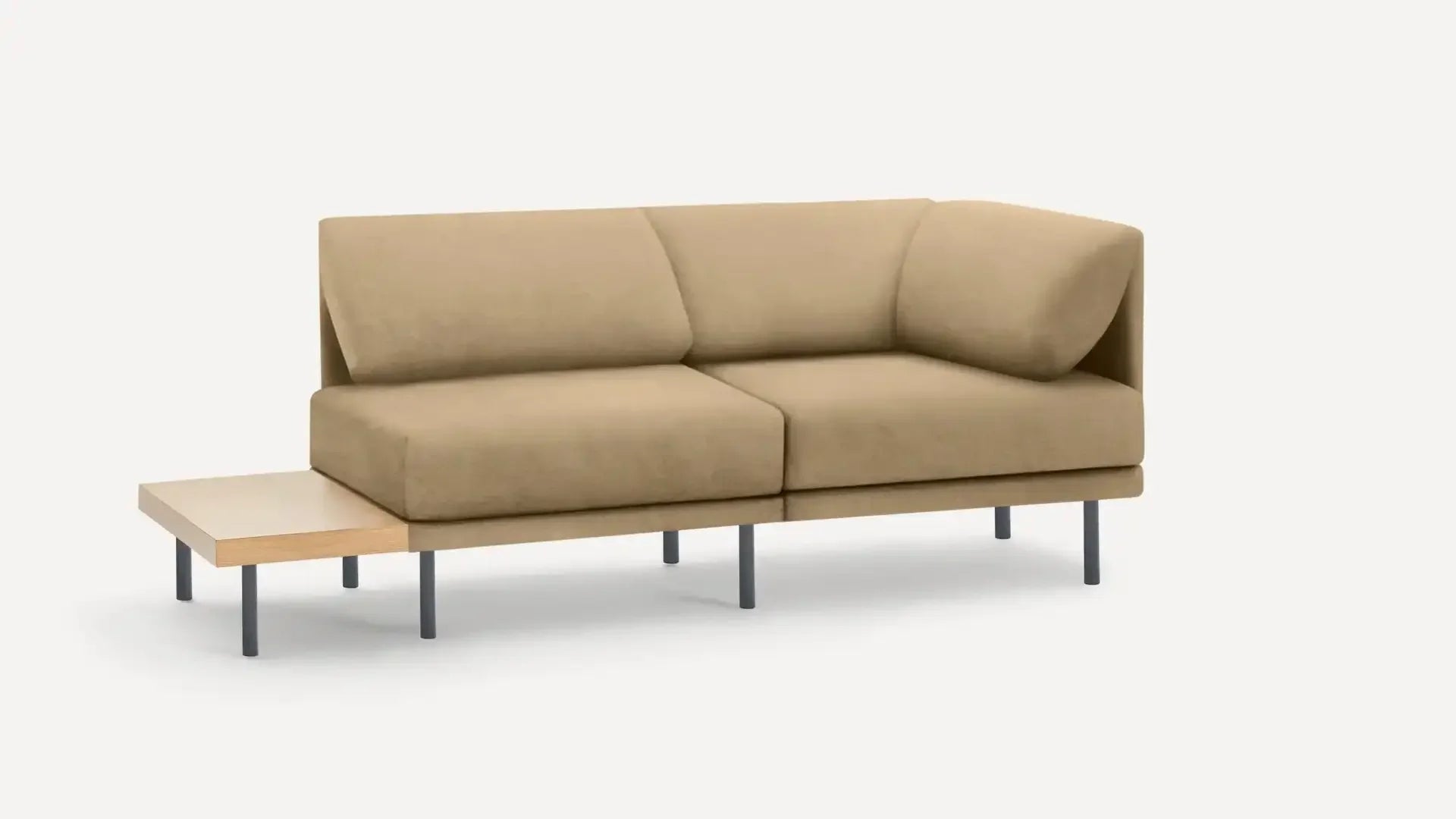 modern beige fabric sofa with black metal legs and a wooden coffee table on a white background