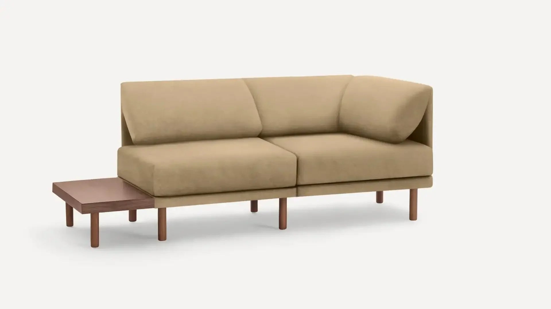 modern beige fabric sofa with wooden legs and a beige upholstery sofa with a matching table on the left side