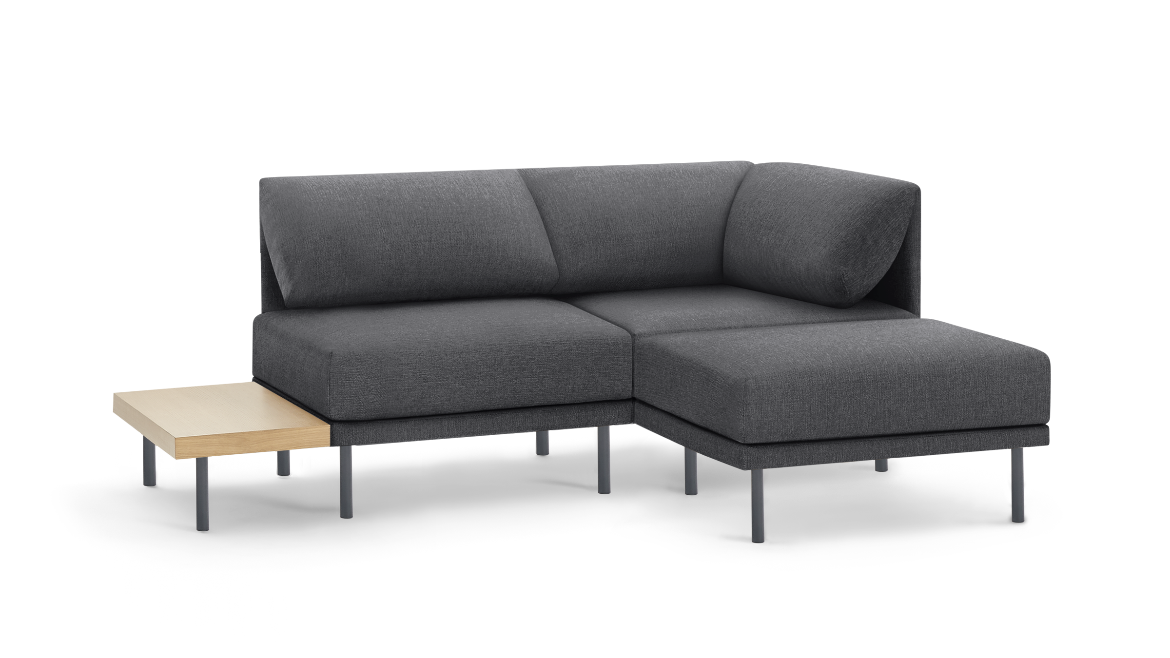 modern l - shaped sectional sofa with dark gray fabric upholstery, black metal legs, and a wooden coffee table on the side