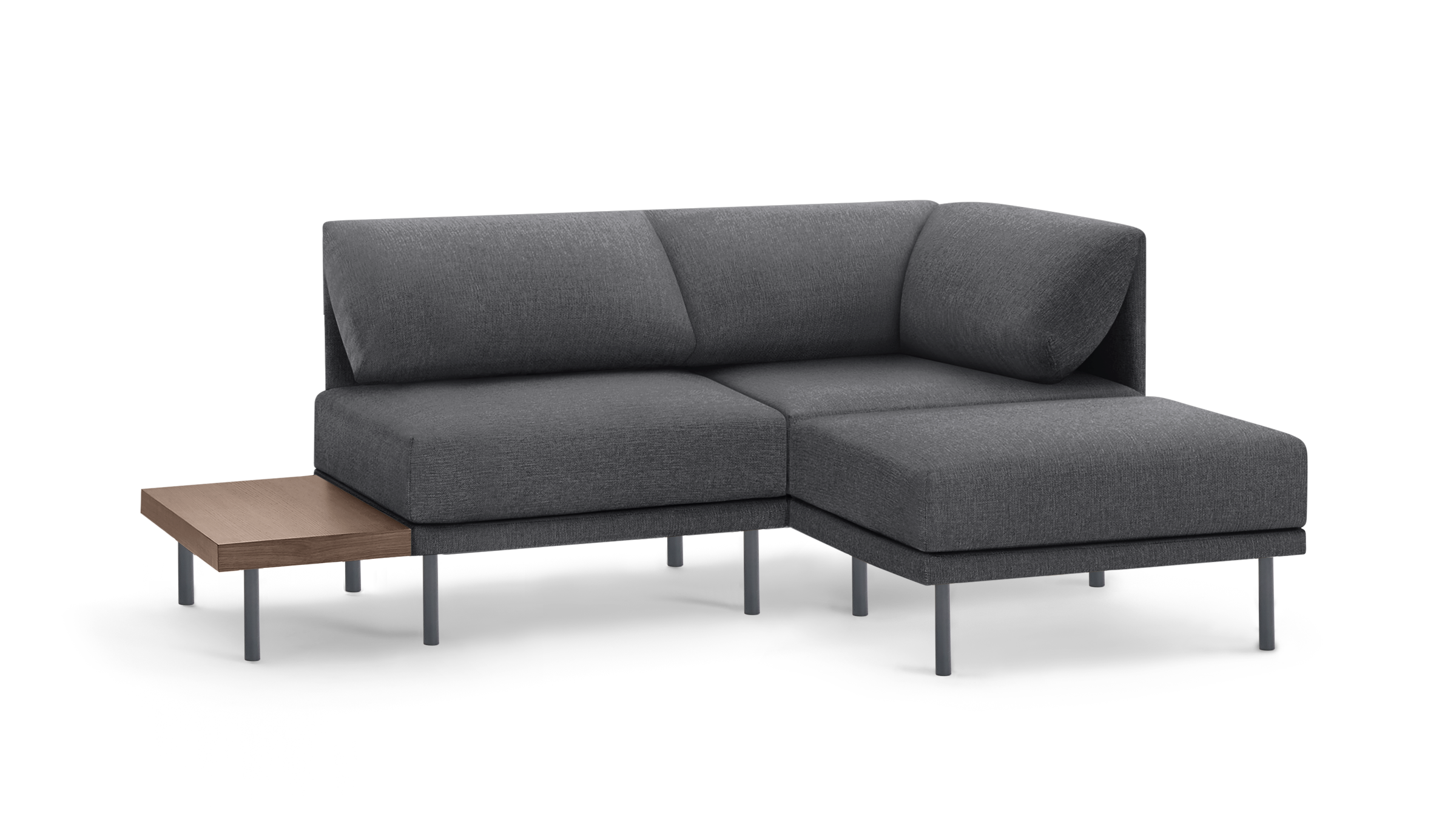 modern l - shaped sectional sofa with dark gray fabric upholstery, featuring a wooden coffee table, and matching cushions