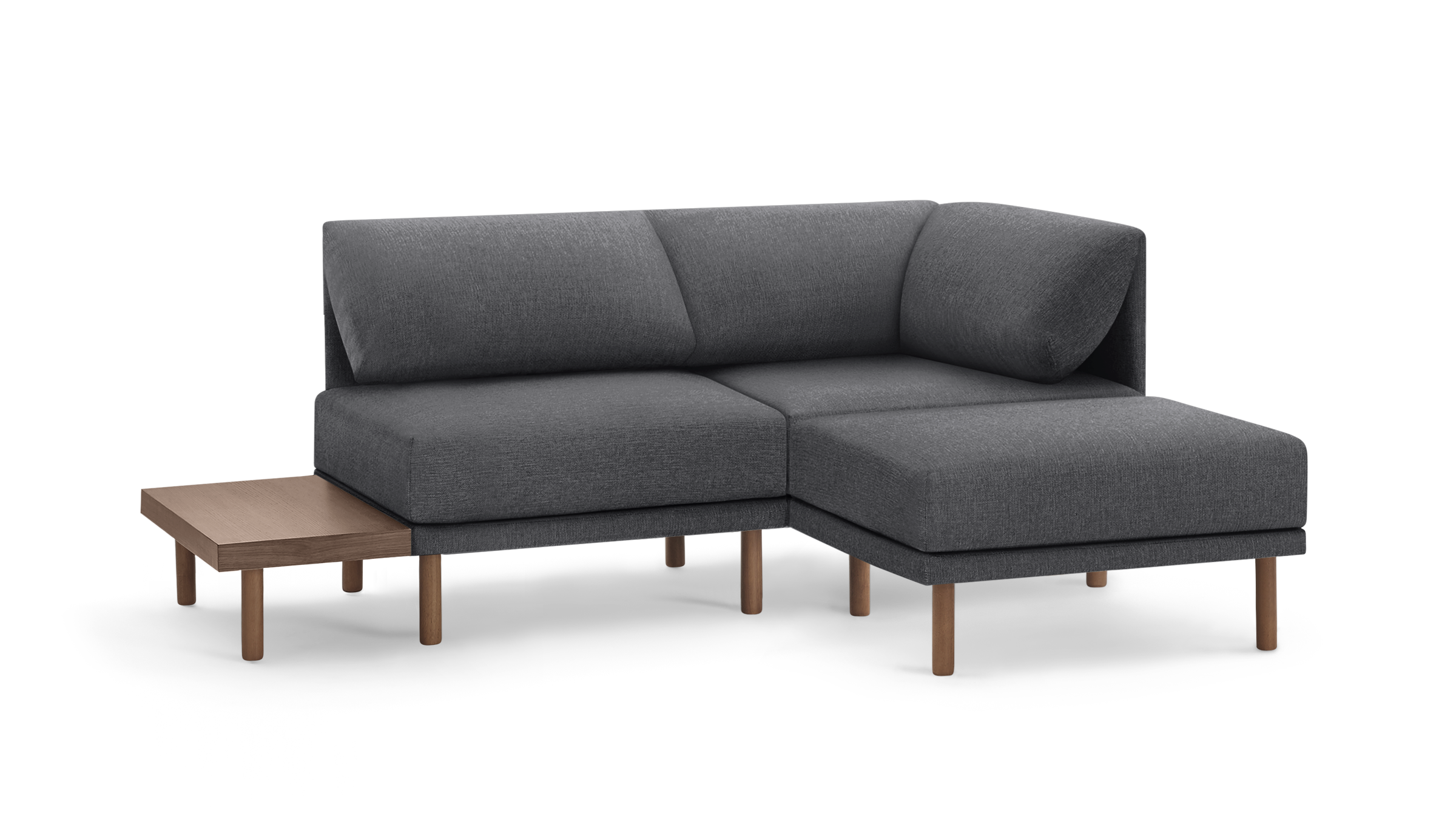 modern l - shaped sectional sofa with light gray fabric upholstery, wooden legs, and a matching ottoman, featuring a matching ottoman