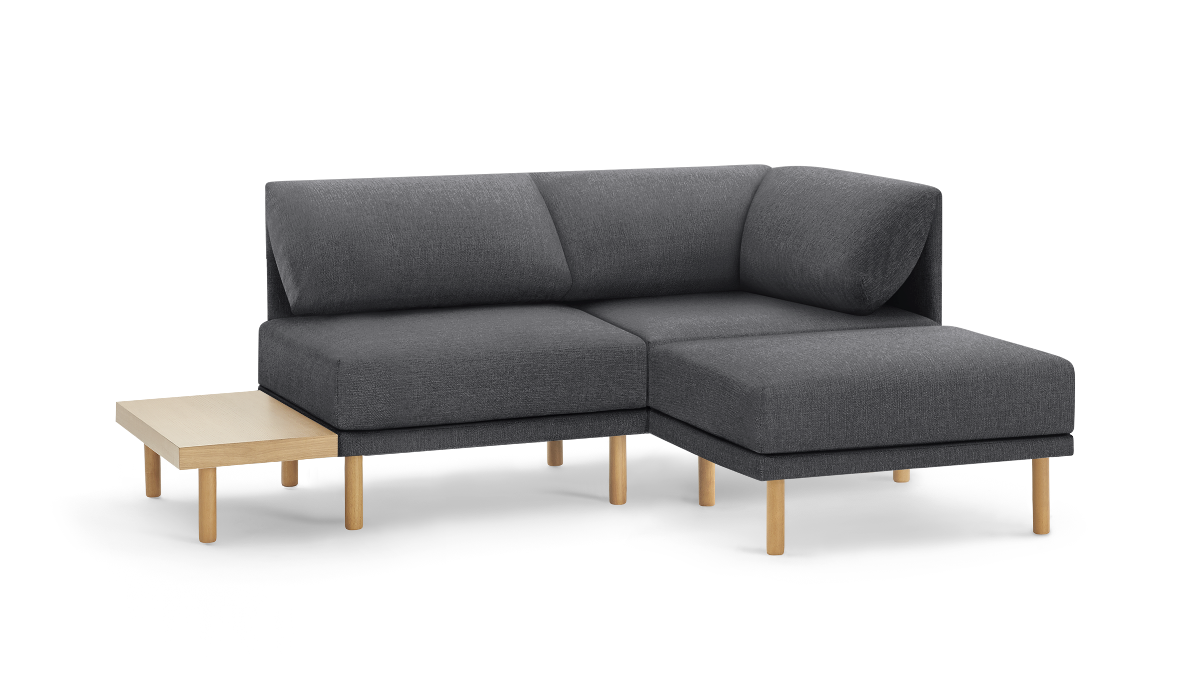 modern l - shaped sectional sofa with light gray fabric upholstery, wooden legs, and a matching ottoman, featuring a matching cushion,