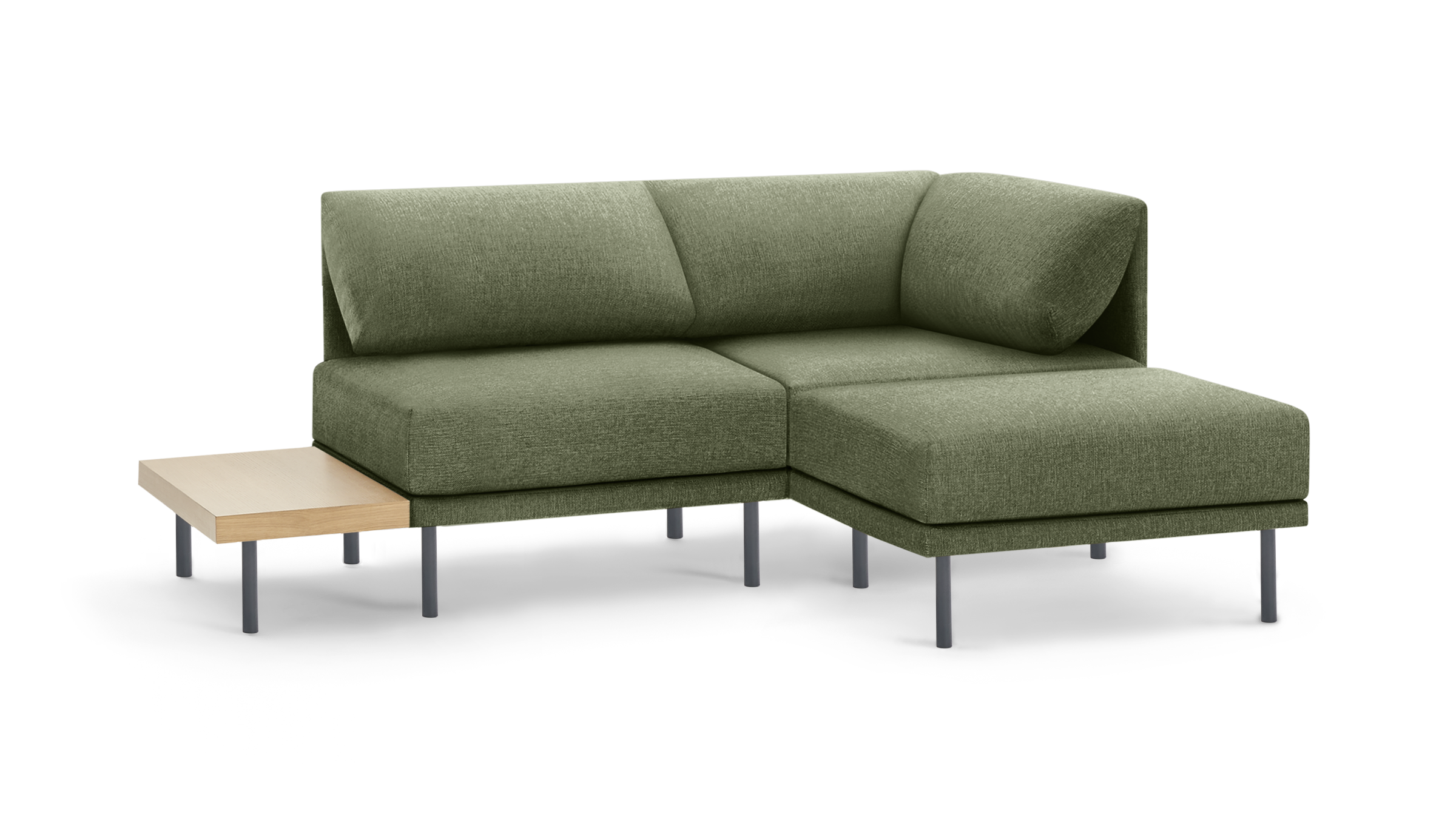 modern l - shaped sectional sofa with green fabric upholstery, black metal legs, and matching ottoman, featuring a matching ottoman,