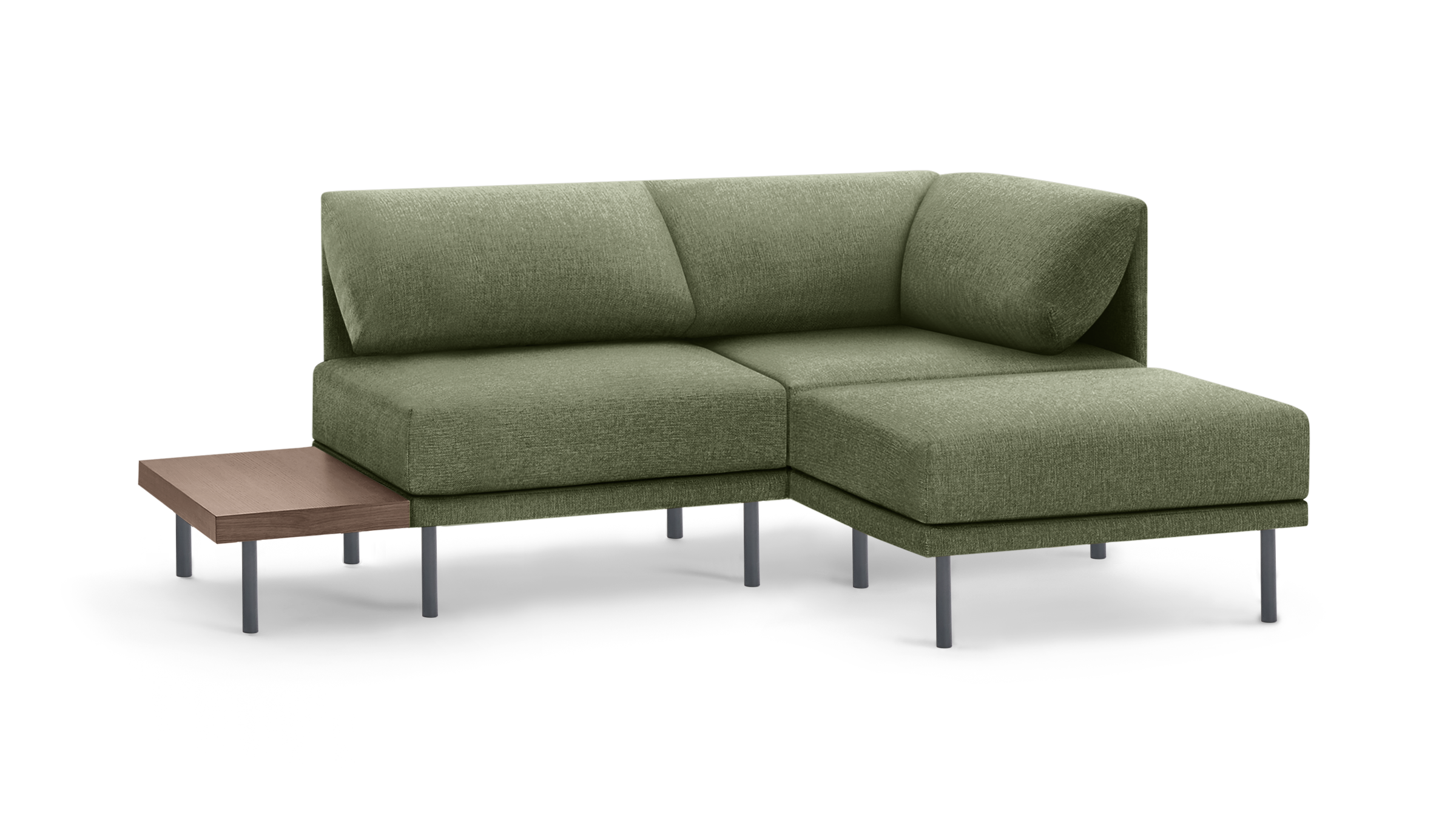 modern l - shaped sectional sofa with green fabric upholstery, black metal legs, and matching ottoman, featuring a matching ottoman