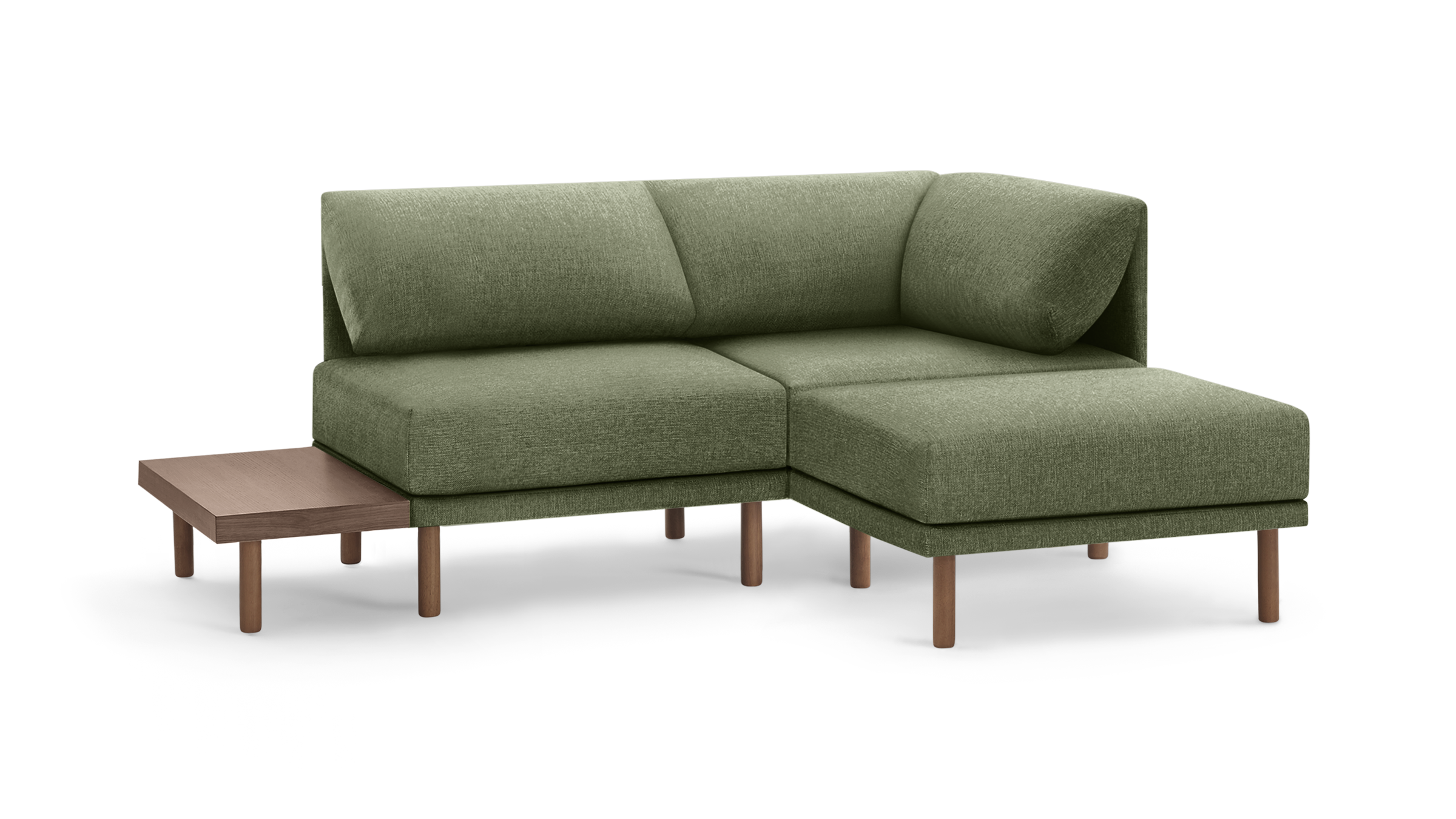 modern l - shaped sectional sofa with green fabric upholstery, wooden legs, and matching ottoman, featuring a matching ottoman, on a