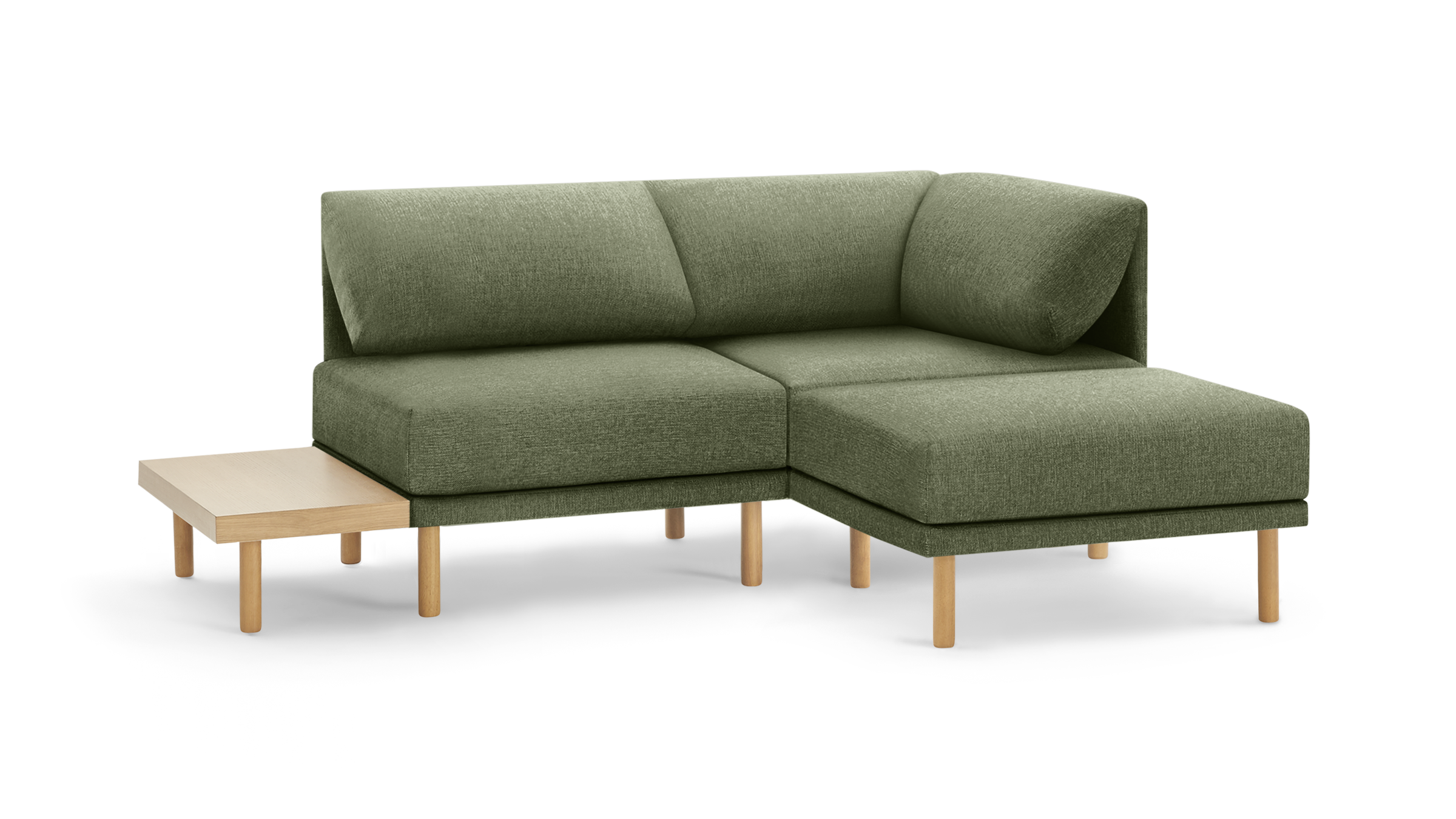 modern l - shaped sectional sofa with light green fabric upholstery, wooden legs, and matching ottoman, featuring a matching ottoman