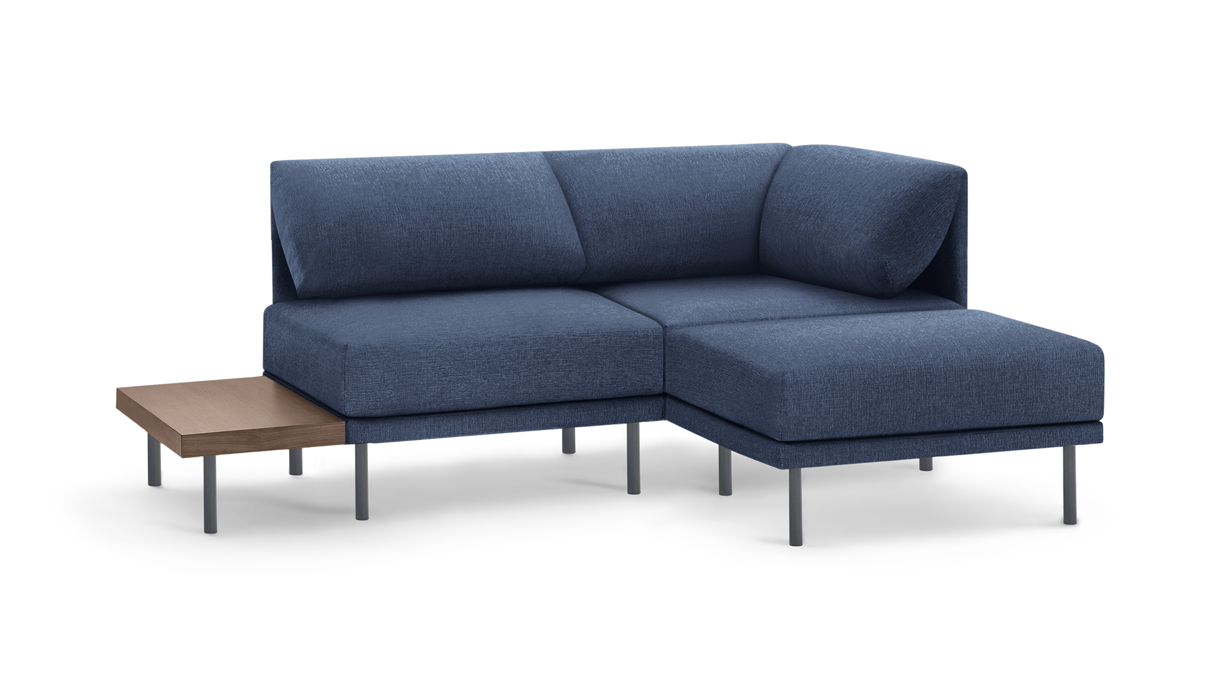 modern blue sectional sofa with chaise lounge and matching cushions, featuring a matching wooden side table, and black metal legs