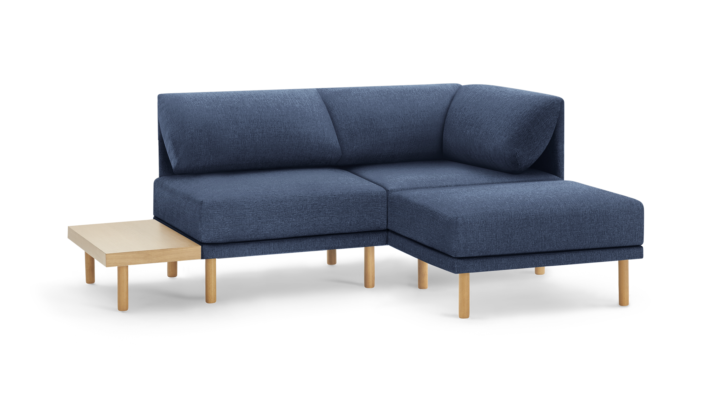 modern blue sectional sofa with wooden legs and matching ottoman, featuring a clean, minimal design