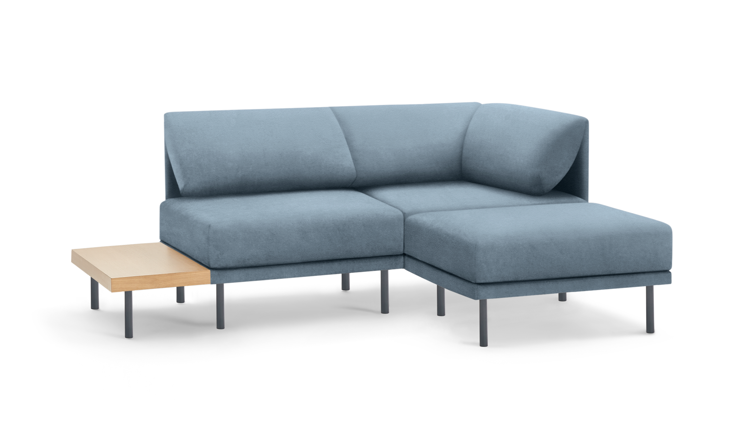 modern light blue sectional sofa with chaise lounge and matching ottoman, featuring a wooden side table, and sleek lines on both sides