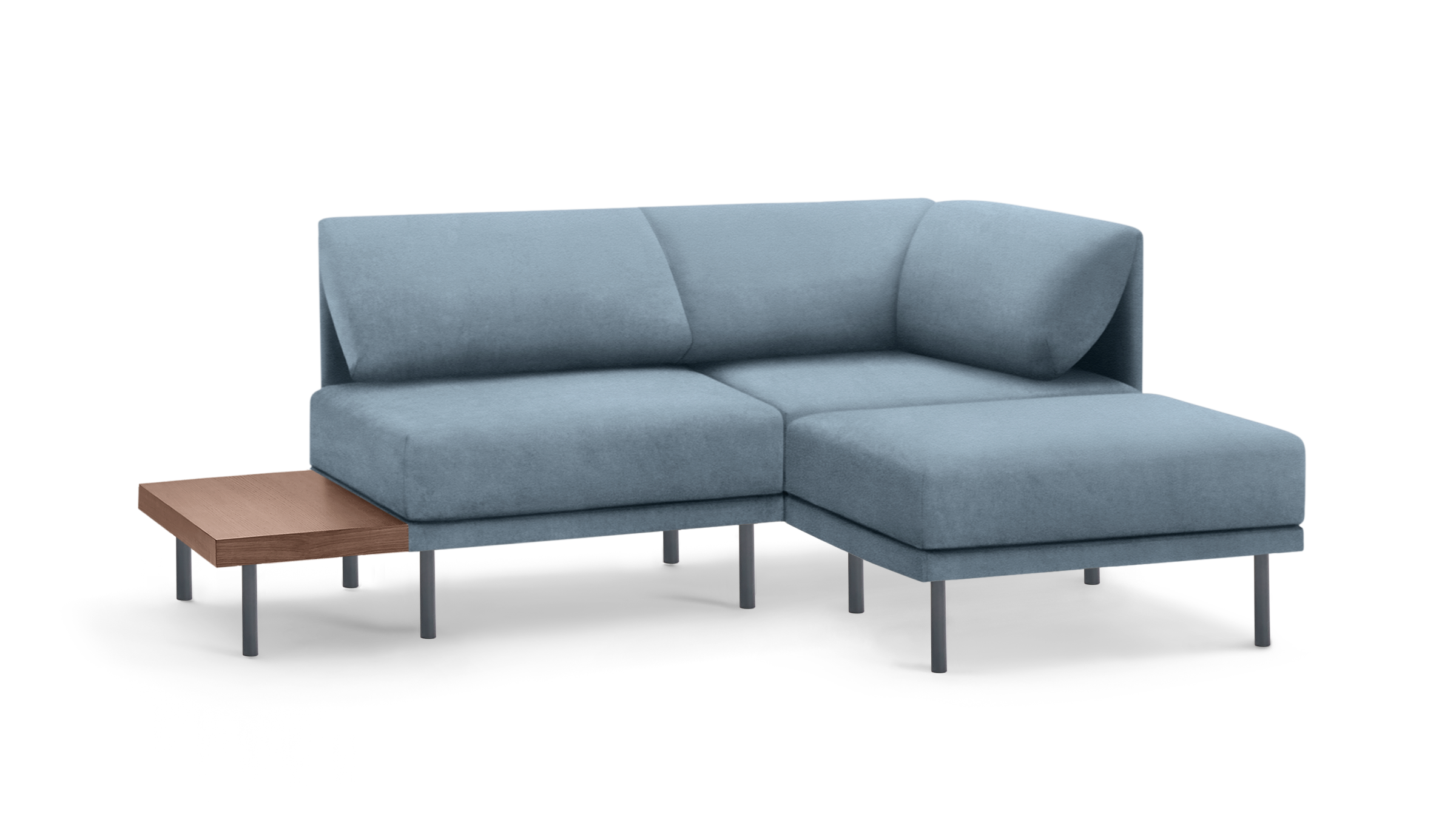 modern light blue sectional sofa with chaise lounge and matching ottoman, featuring sleek metal legs, featuring a wooden side table and matching ottoman