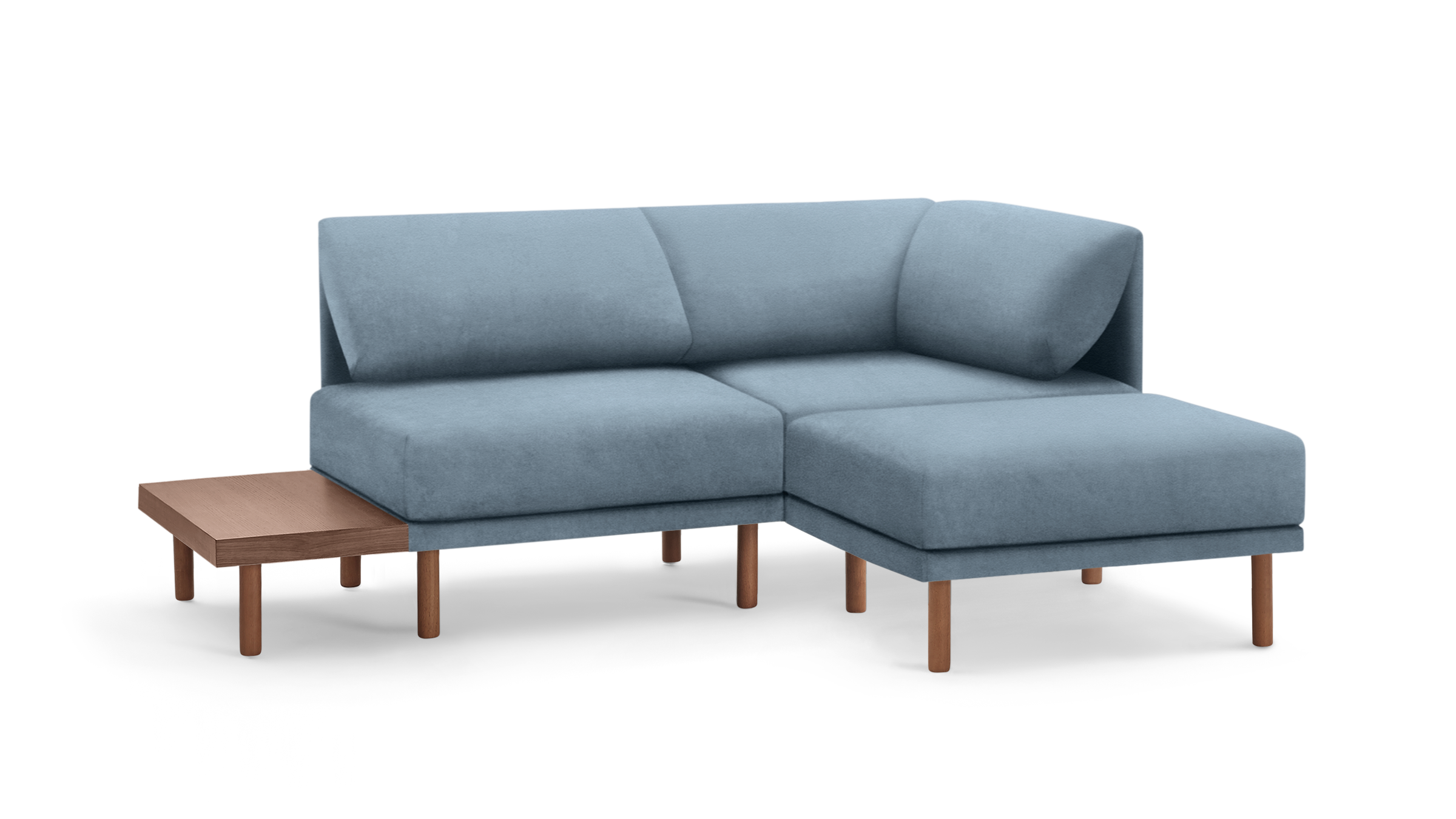 modern light blue sectional sofa with wooden legs and matching ottoman, featuring a clean, minimal design