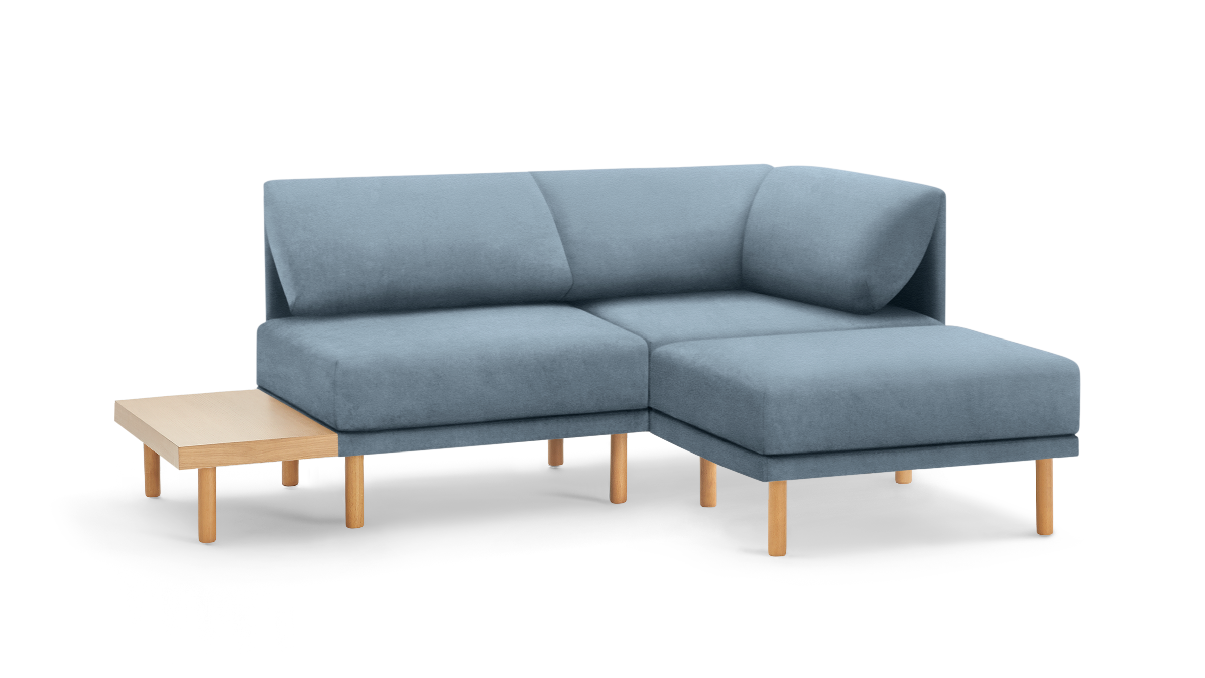 light blue modern sectional sofa with wooden legs and matching ottoman, featuring a clean, minimal design